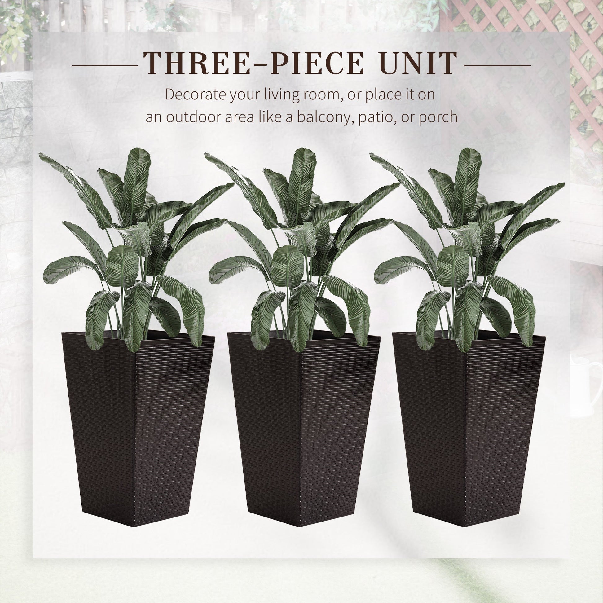Set of 3 Tall Planters for Outdoor Plants with Drainage Hole, Indoor Outdoor Planter Flower Pot Set for Front Door, Entryway, Patio and Deck, Brown