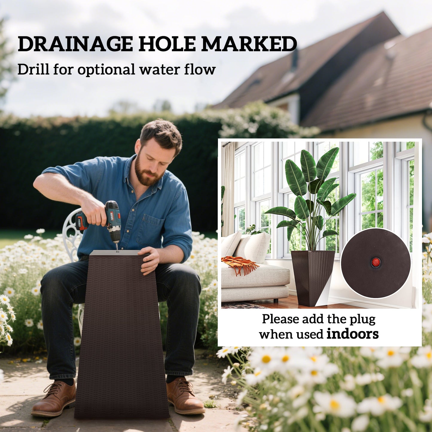 Set of 3 Tall Planters for Outdoor Plants with Drainage Hole, Indoor Outdoor Planter Flower Pot Set for Front Door, Entryway, Patio and Deck, Brown
