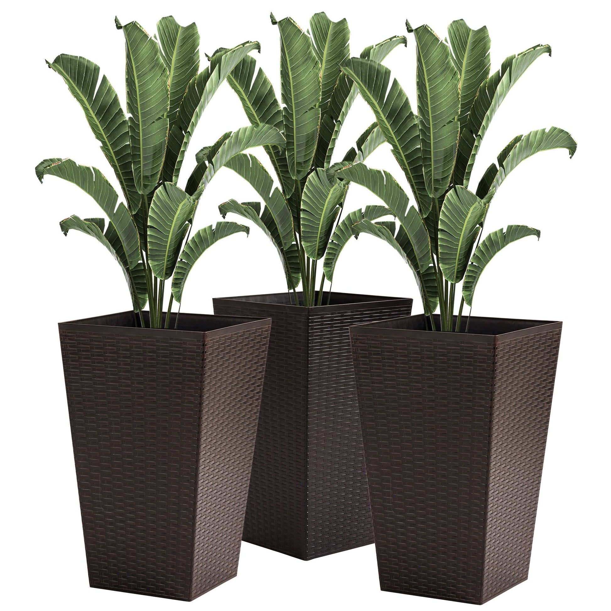 Set of 3 Tall Planters for Outdoor Plants with Drainage Hole, Indoor Outdoor Planter Flower Pot Set for Front Door, Entryway, Patio and Deck, Brown