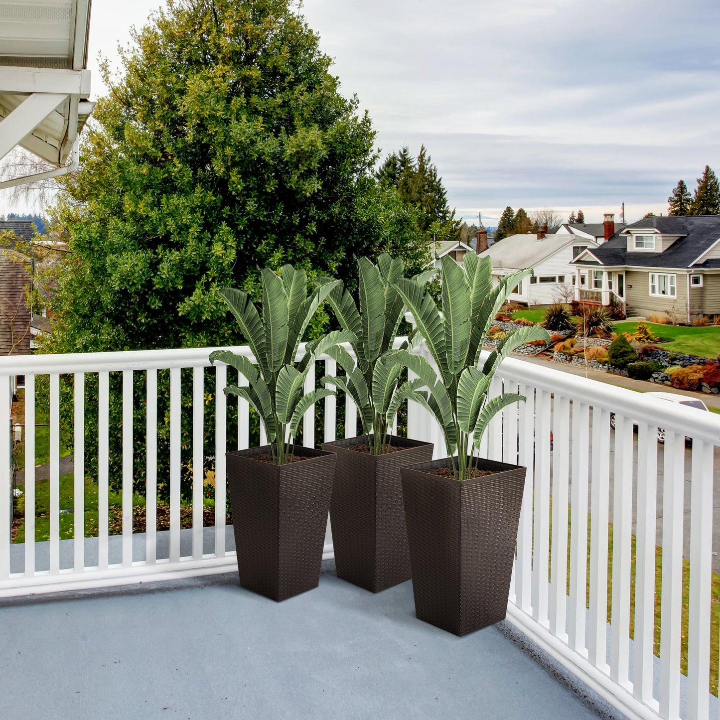 Set of 3 Tall Planters for Outdoor Plants with Drainage Hole, Indoor Outdoor Planter Flower Pot Set for Front Door, Entryway, Patio and Deck, Brown