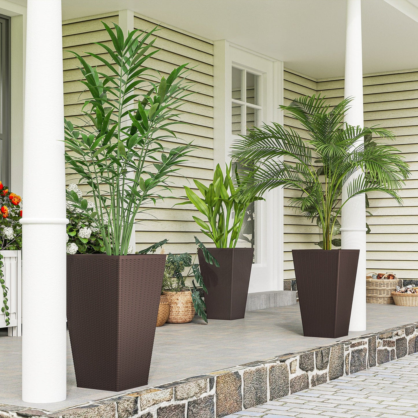 Set of 3 Tall Planters for Outdoor Plants with Drainage Hole, Indoor Outdoor Planter Flower Pot Set for Front Door, Entryway, Patio and Deck, Brown