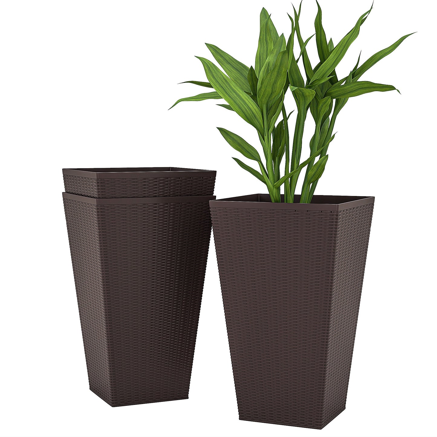 Set of 3 Tall Planters for Outdoor Plants with Drainage Hole, Indoor Outdoor Planter Flower Pot Set for Front Door, Entryway, Patio and Deck, Brown