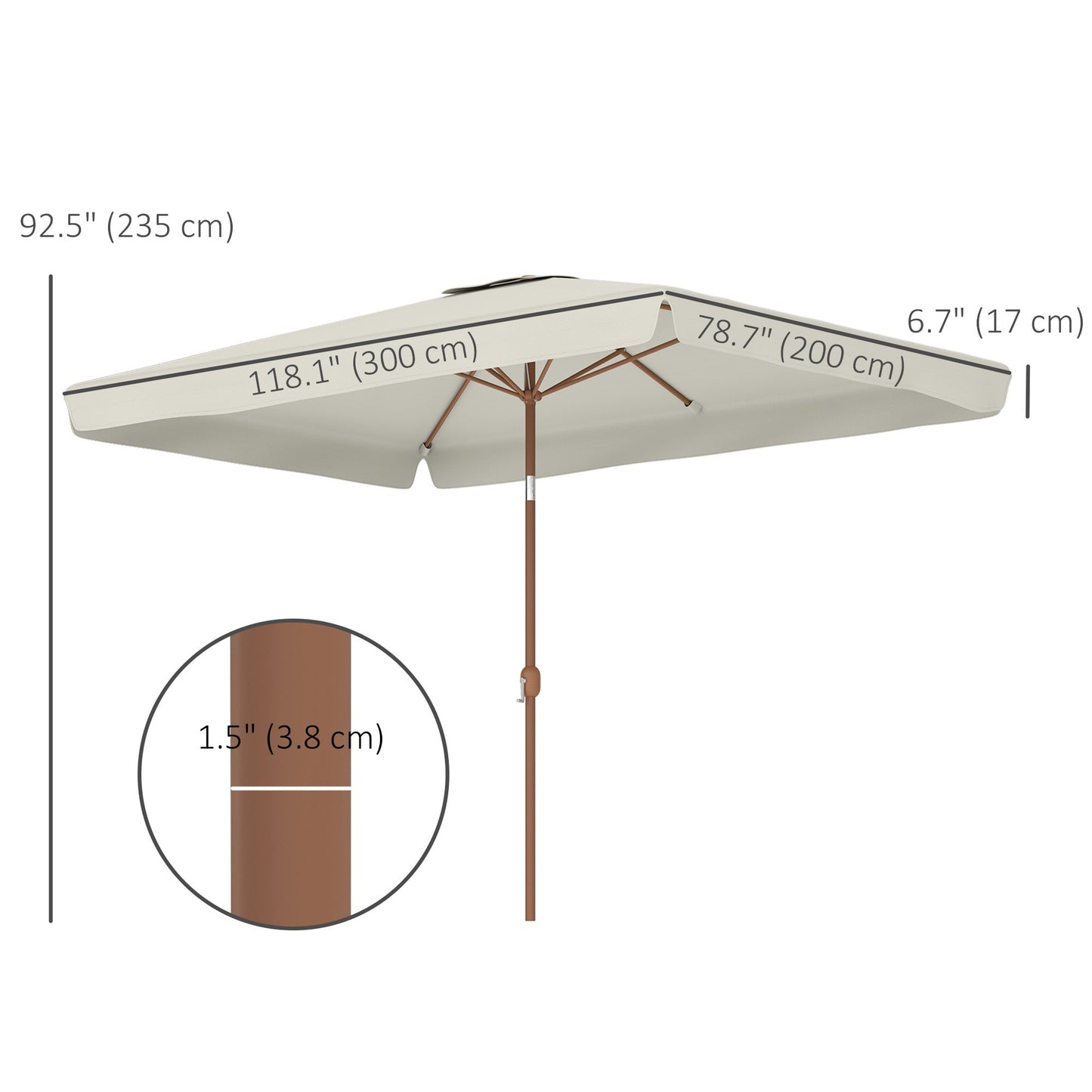Patio Umbrella 118.1" x 78.7" Outdoor Parasol with Adjustable Angle, Aluminum Pole, Crank Handle, and UV50+ Protection, Garden and Patio Umbrella, White