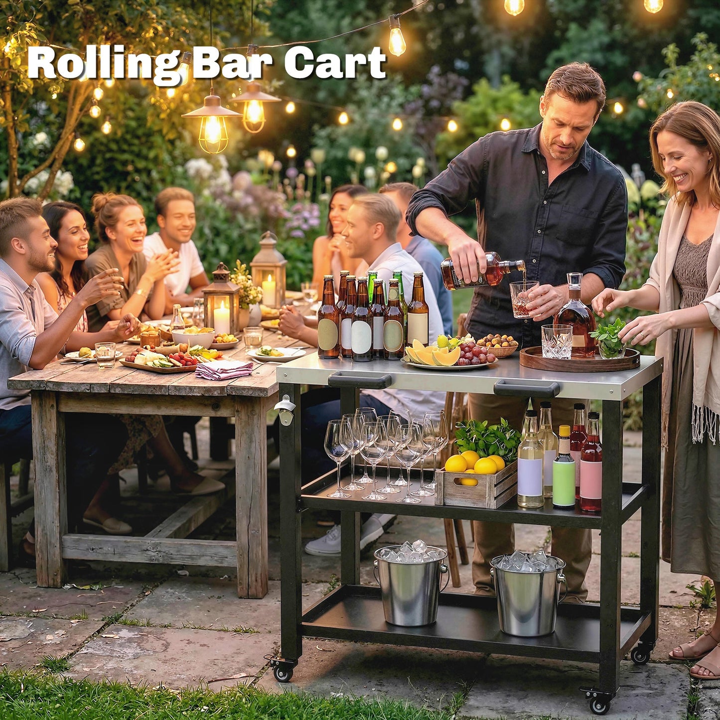 Outdoor Grill Cart with Stainless Steel Tabletop, 2 Shelves, Rolling Prep Dining Cart with Lockable Wheels, Bottle Opener, Pizza Oven Stand Table for Kitchen Prep, Black