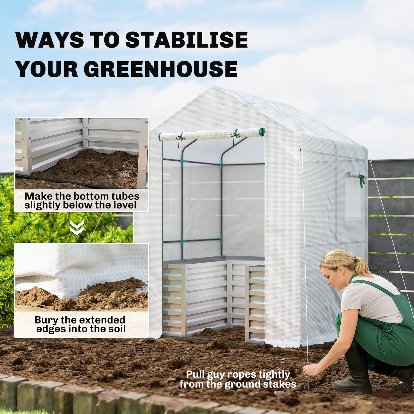Greenhouse with Raised Garden Bed, 56" x 56" x 75" Galvanized Metal Planter Box with PE Cover, Roll Up Door and Windows, Outdoor Greenhouse for Flowers Vegetables, White