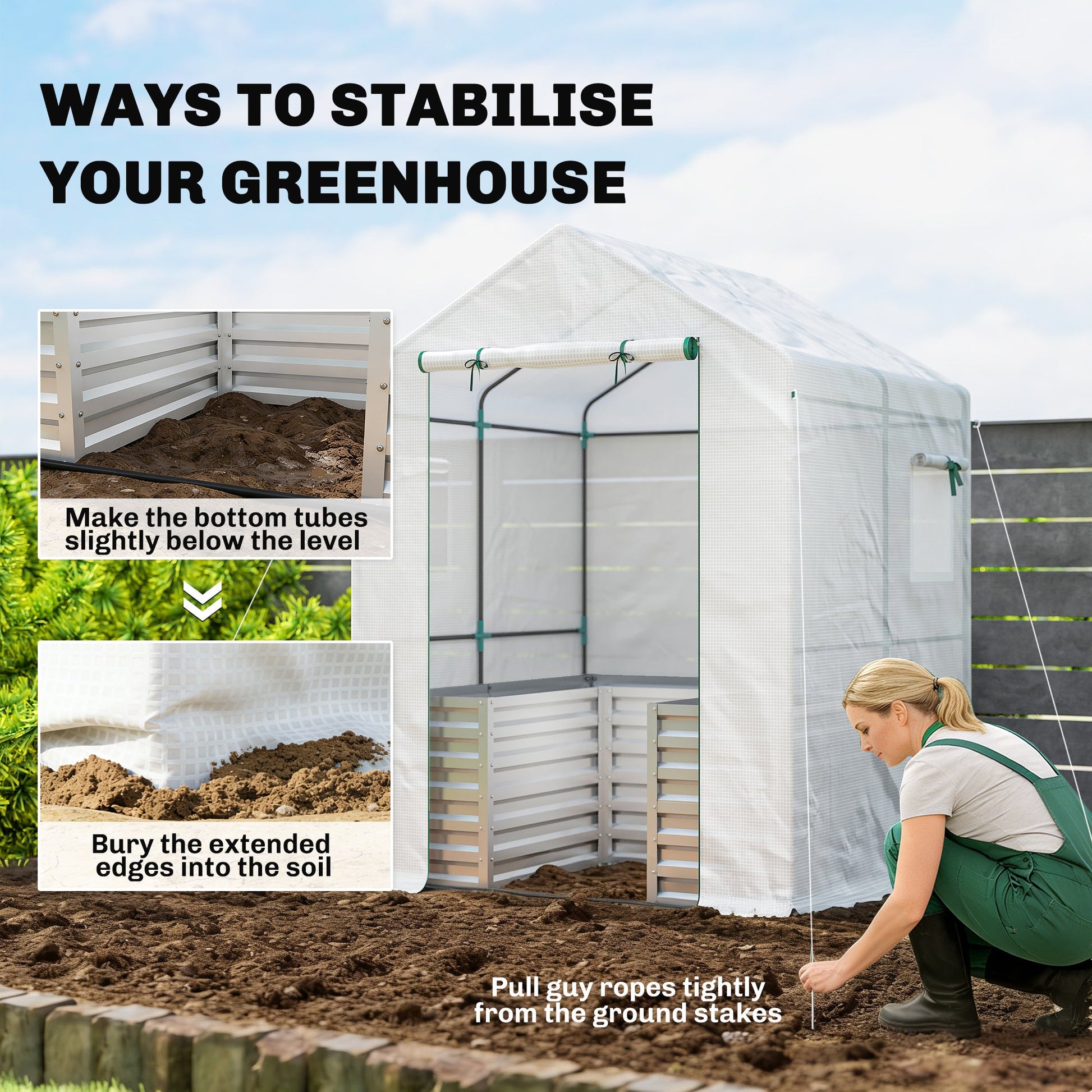 Greenhouse with Raised Garden Bed, 56" x 56" x 75" Galvanized Metal Planter Box with PE Cover, Roll Up Door and Windows, Outdoor Greenhouse for Flowers Vegetables, White