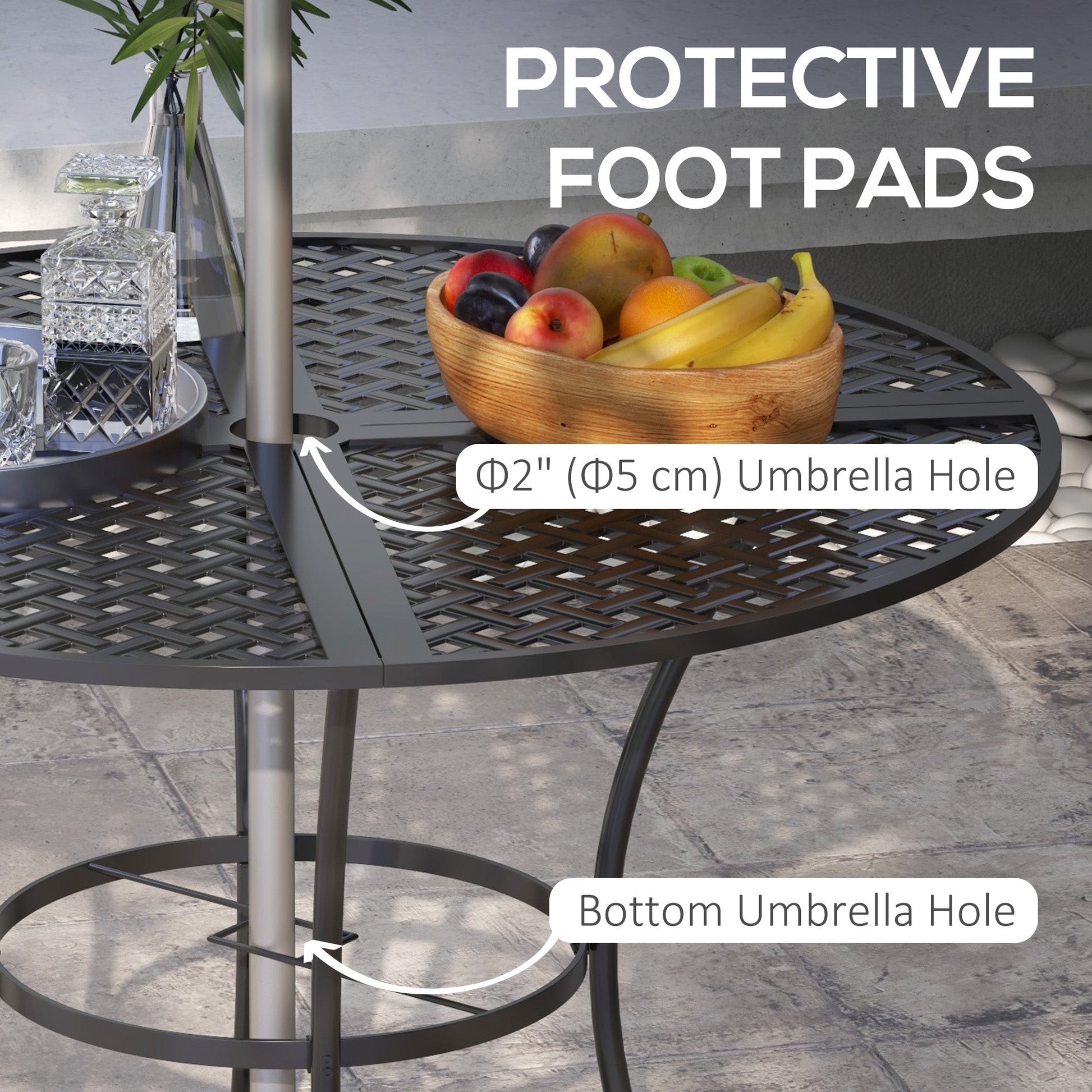 42" Round Outdoor Dining Table for 4 Persons, Metal Patio Dining Table with Umbrella Hole and Steel Frame for Backyard, Lawn, Balcony, Pool, Black