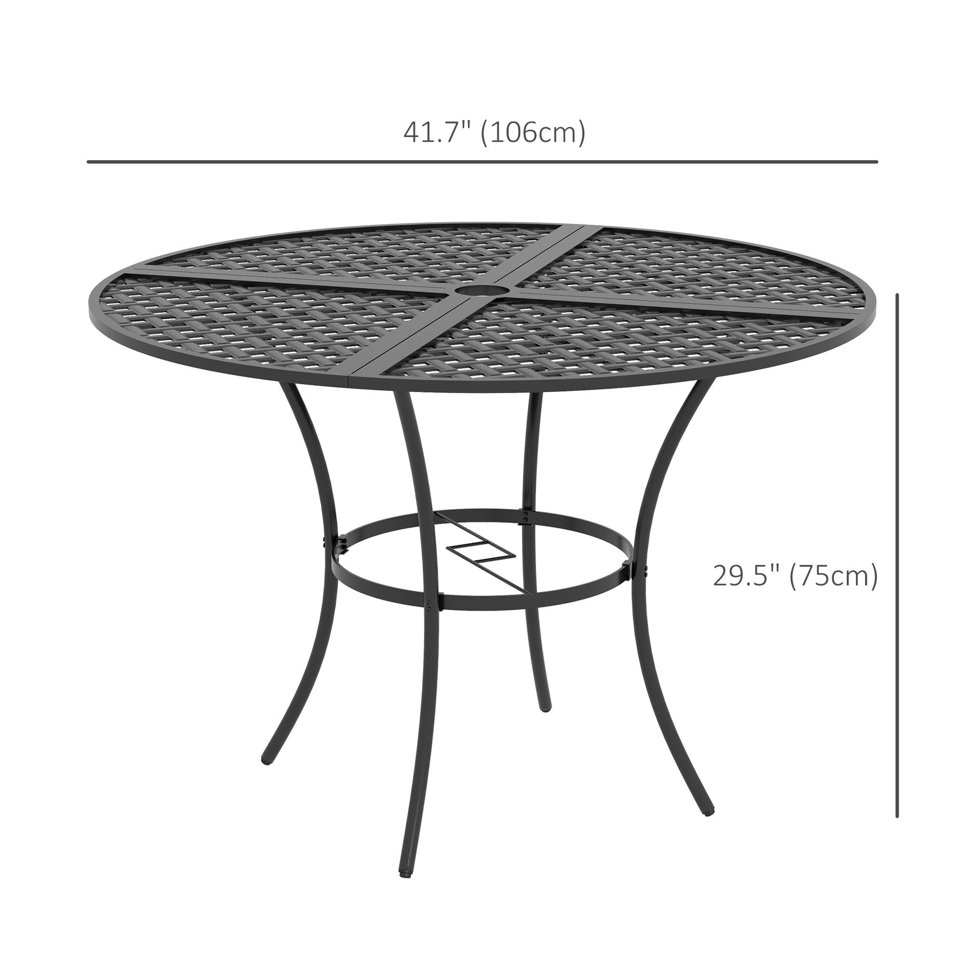 42" Round Outdoor Dining Table for 4 Persons, Metal Patio Dining Table with Umbrella Hole and Steel Frame for Backyard, Lawn, Balcony, Pool, Black