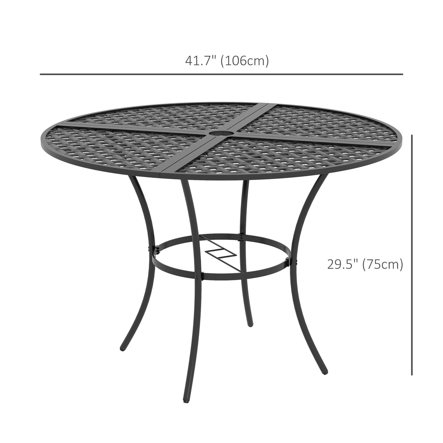 42" Round Outdoor Dining Table for 4 Persons, Metal Patio Dining Table with Umbrella Hole and Steel Frame for Backyard, Lawn, Balcony, Pool, Black