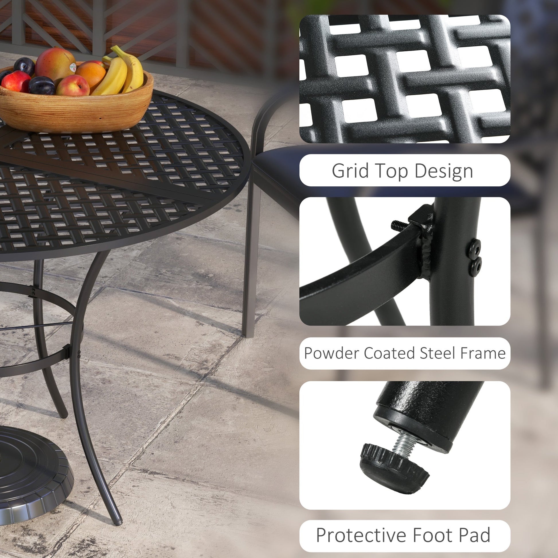 42" Round Outdoor Dining Table for 4 Persons, Metal Patio Dining Table with Umbrella Hole and Steel Frame for Backyard, Lawn, Balcony, Pool, Black