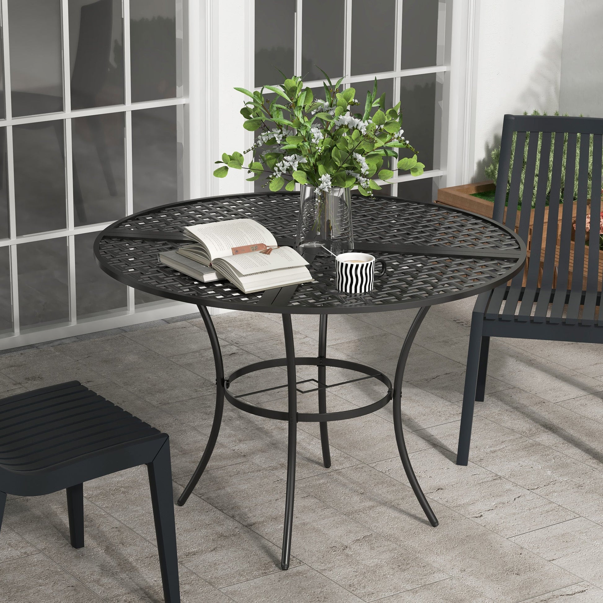 42" Round Outdoor Dining Table for 4 Persons, Metal Patio Dining Table with Umbrella Hole and Steel Frame for Backyard, Lawn, Balcony, Pool, Black