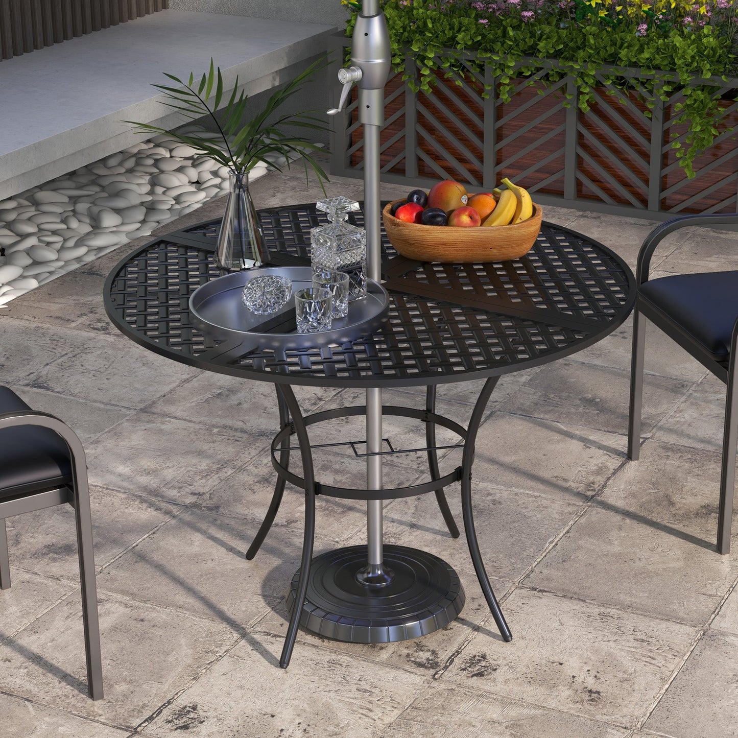 42" Round Outdoor Dining Table for 4 Persons, Metal Patio Dining Table with Umbrella Hole and Steel Frame for Backyard, Lawn, Balcony, Pool, Black