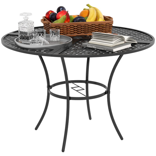42" Round Outdoor Dining Table for 4 Persons, Metal Patio Dining Table with Umbrella Hole and Steel Frame for Backyard, Lawn, Balcony, Pool, Black