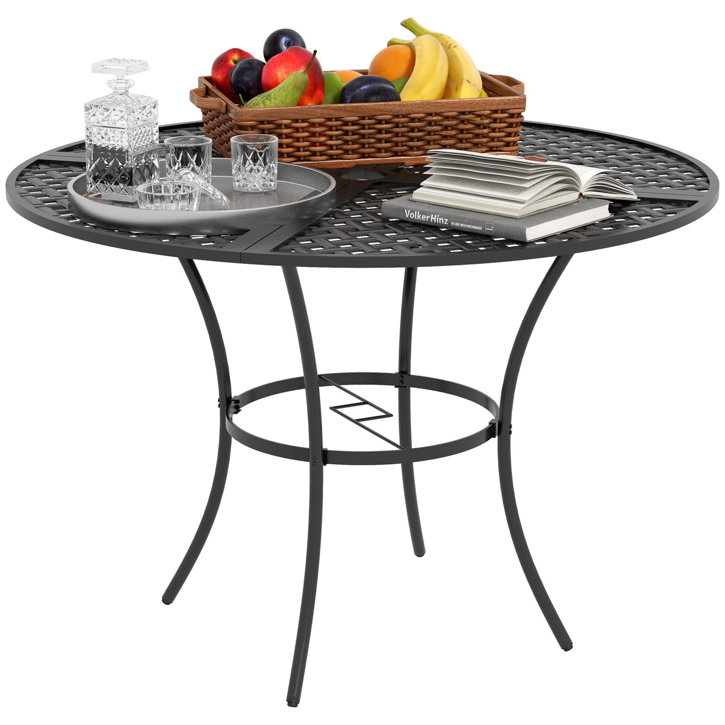 42" Round Outdoor Dining Table for 4 Persons, Metal Patio Dining Table with Umbrella Hole and Steel Frame for Backyard, Lawn, Balcony, Pool, Black