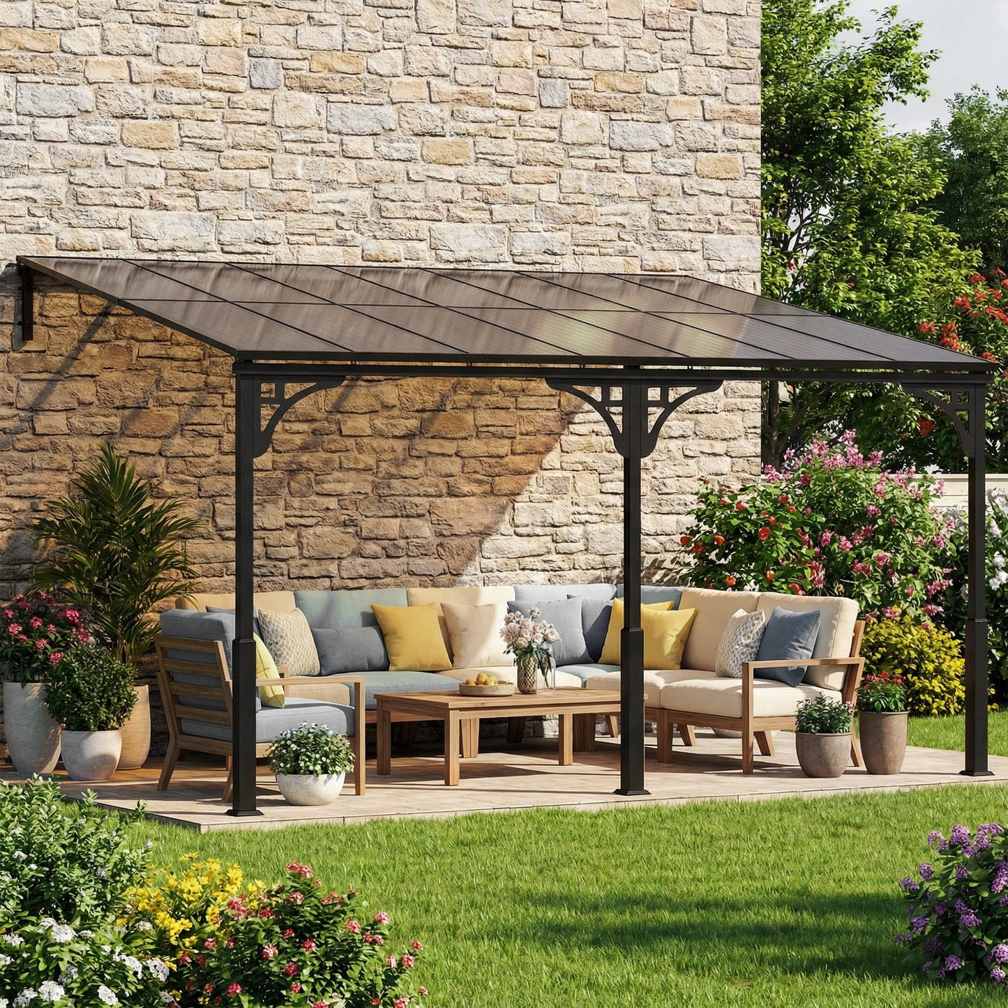 13' x 10' Lean to Gazebo, Hardtop Wall Mounted Outdoor Pergola with Polycarbonate Roof and Metal-Aluminium Frame, Heavy Duty Metal Pergola for Patio Deck Backyard, Brown