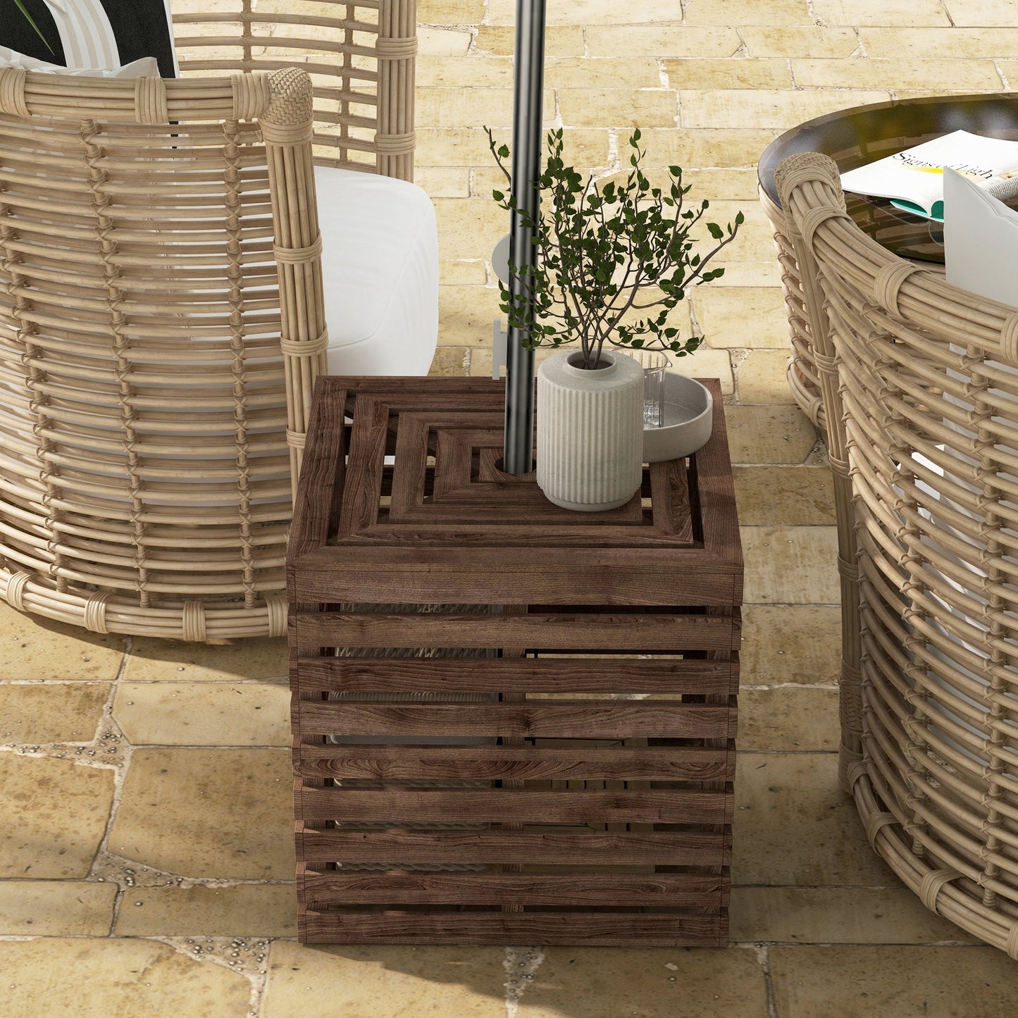 2-in-1 Outdoor Storage Box for Umbrella Base, Patio Side Table, Wooden Patio Umbrella Stand Table with Umbrella Hole, Brown