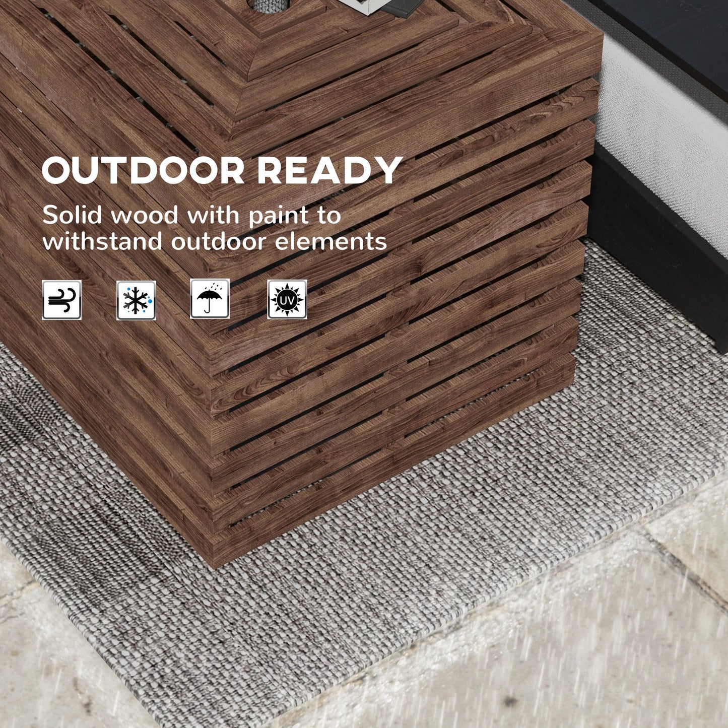 2-in-1 Outdoor Storage Box for Umbrella Base, Patio Side Table, Wooden Patio Umbrella Stand Table with Umbrella Hole, Brown