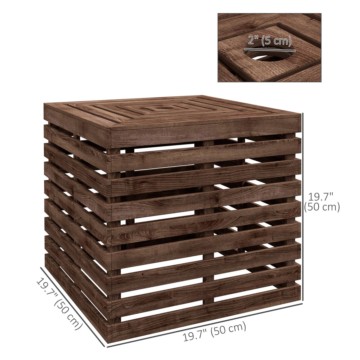 2-in-1 Outdoor Storage Box for Umbrella Base, Patio Side Table, Wooden Patio Umbrella Stand Table with Umbrella Hole, Brown