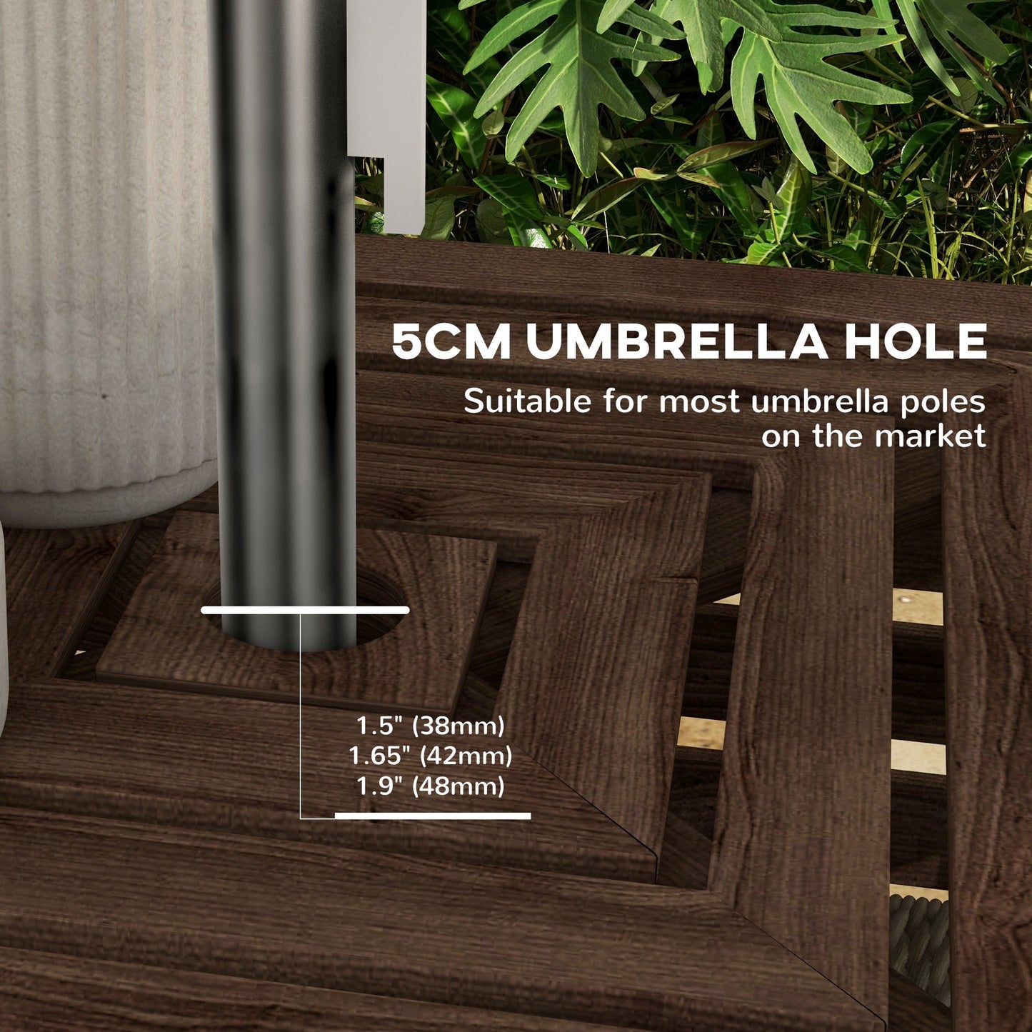 2-in-1 Outdoor Storage Box for Umbrella Base, Patio Side Table, Wooden Patio Umbrella Stand Table with Umbrella Hole, Brown