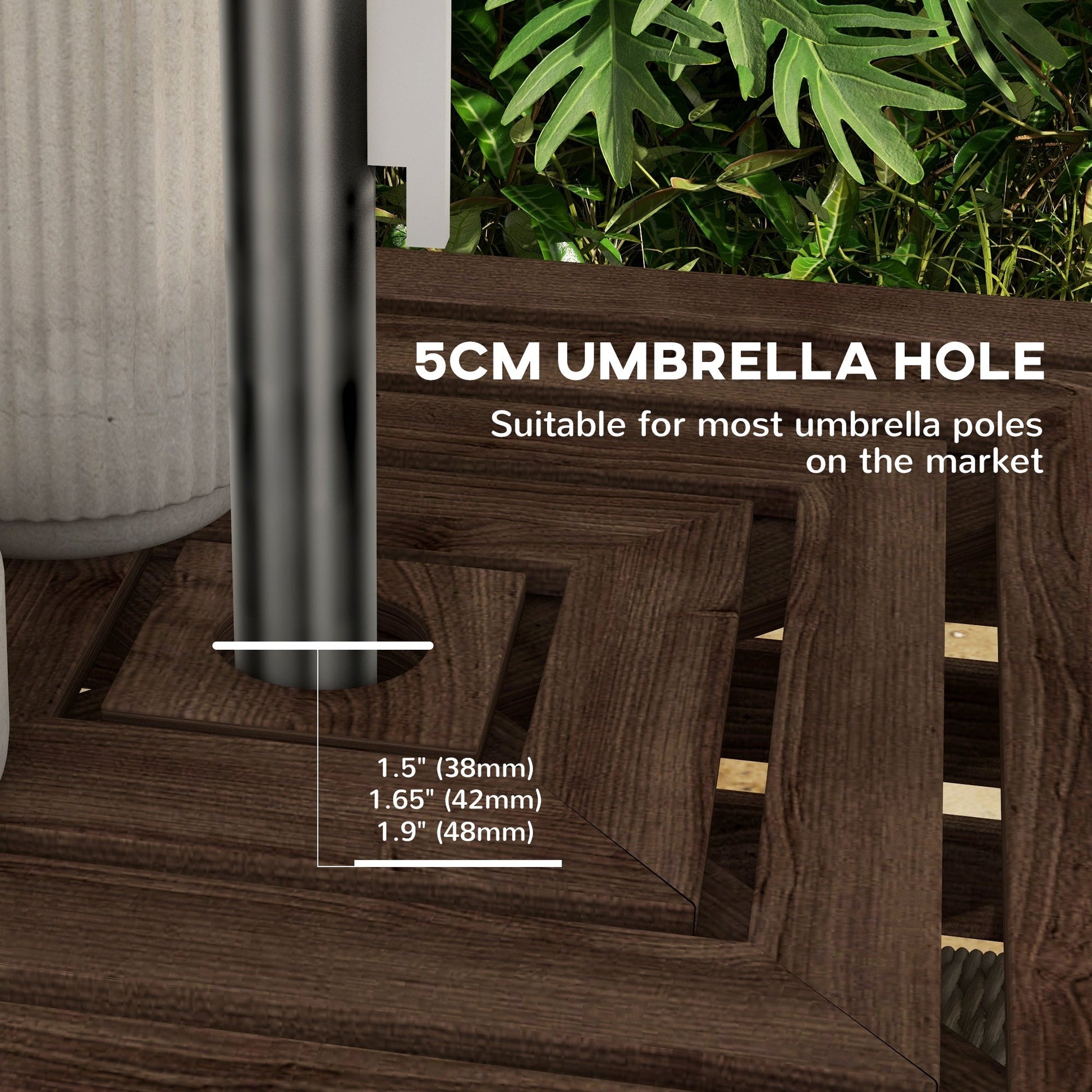 2-in-1 Outdoor Storage Box for Umbrella Base, Patio Side Table, Wooden Patio Umbrella Stand Table with Umbrella Hole, Brown