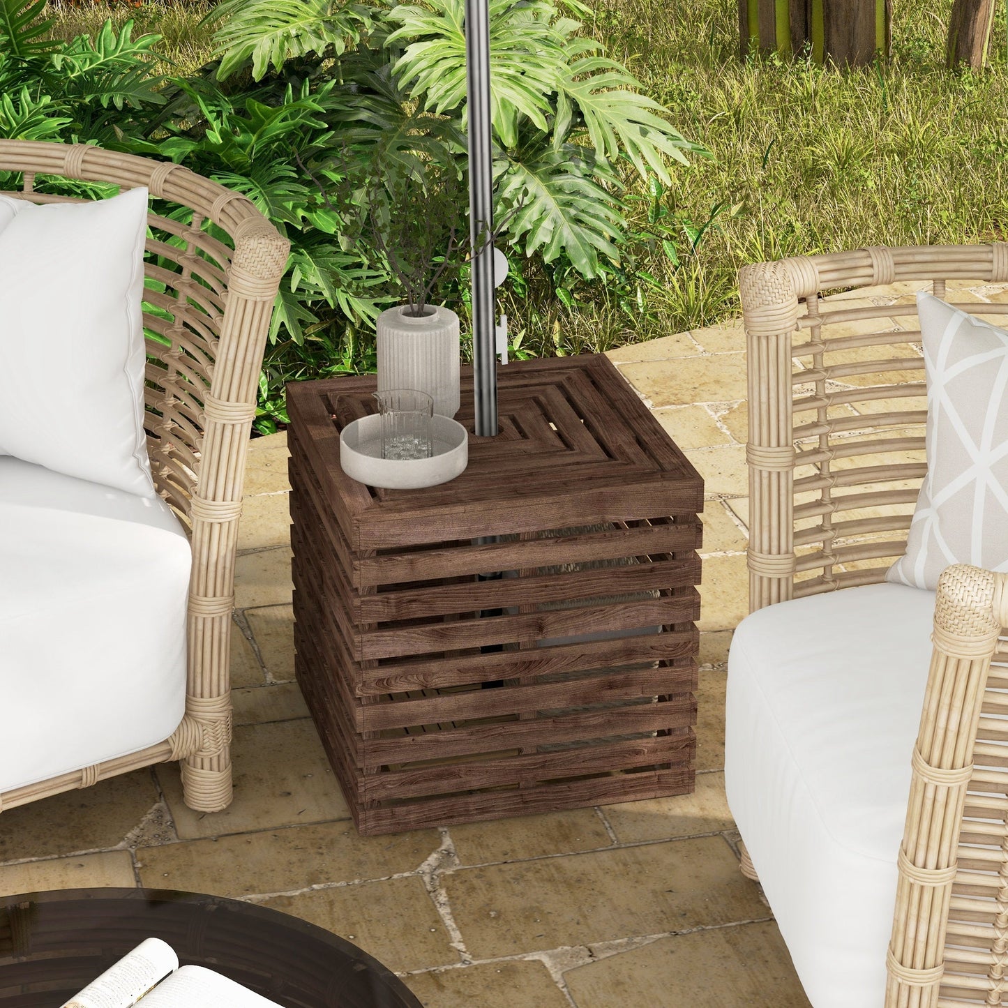 2-in-1 Outdoor Storage Box for Umbrella Base, Patio Side Table, Wooden Patio Umbrella Stand Table with Umbrella Hole, Brown