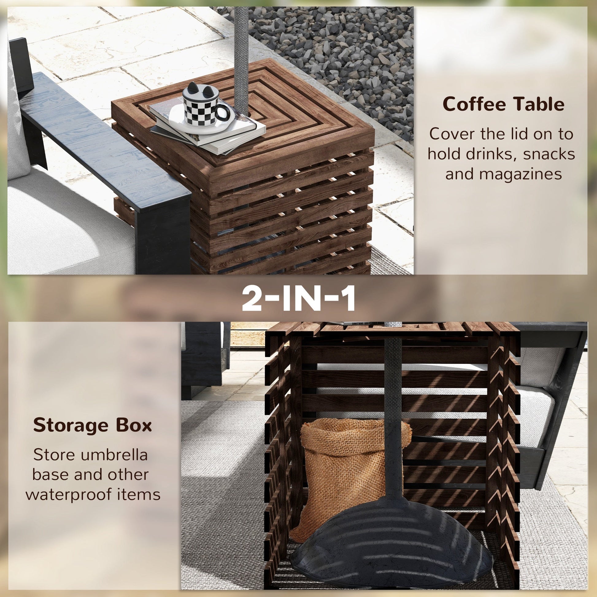2-in-1 Outdoor Storage Box for Umbrella Base, Patio Side Table, Wooden Patio Umbrella Stand Table with Umbrella Hole, Brown