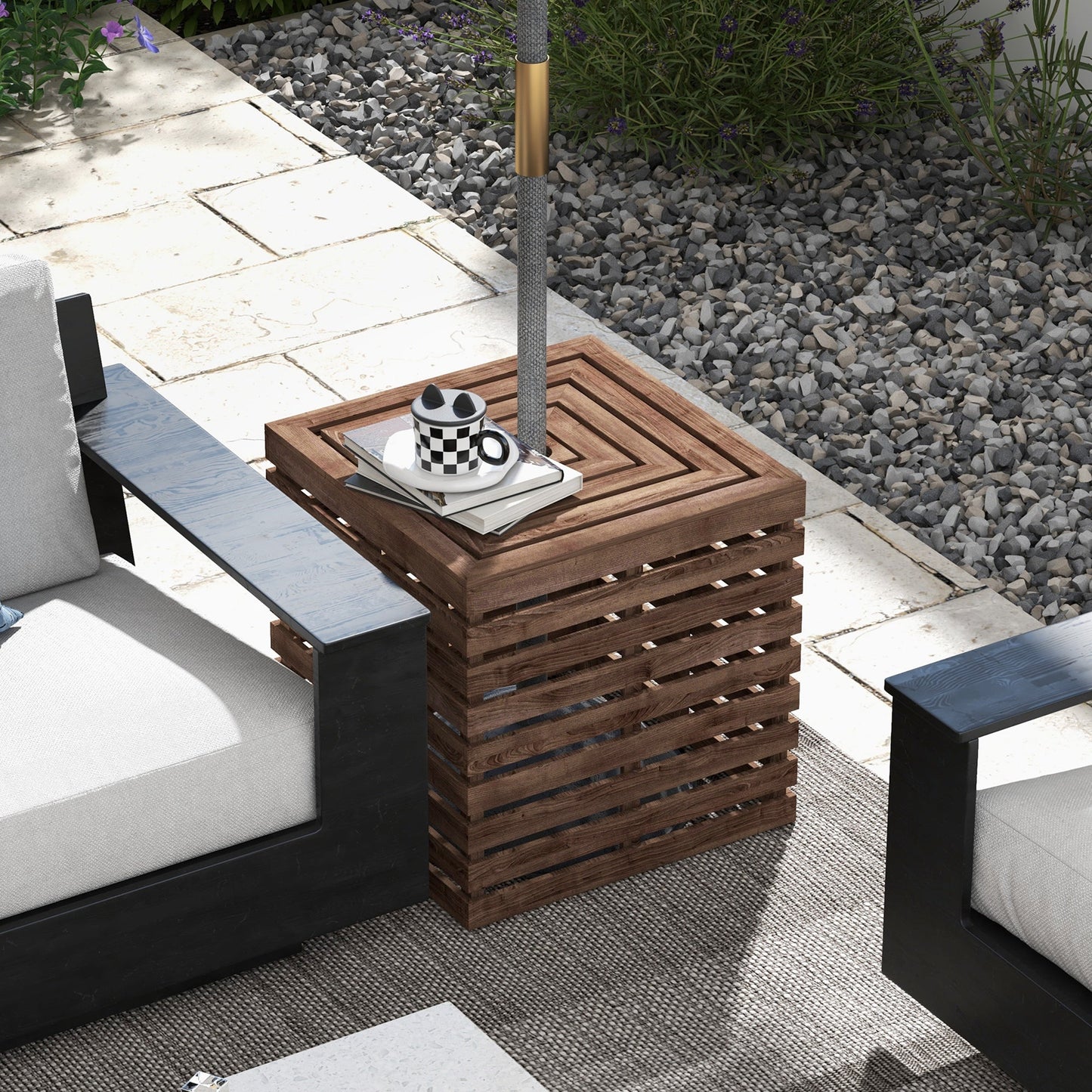 2-in-1 Outdoor Storage Box for Umbrella Base, Patio Side Table, Wooden Patio Umbrella Stand Table with Umbrella Hole, Brown