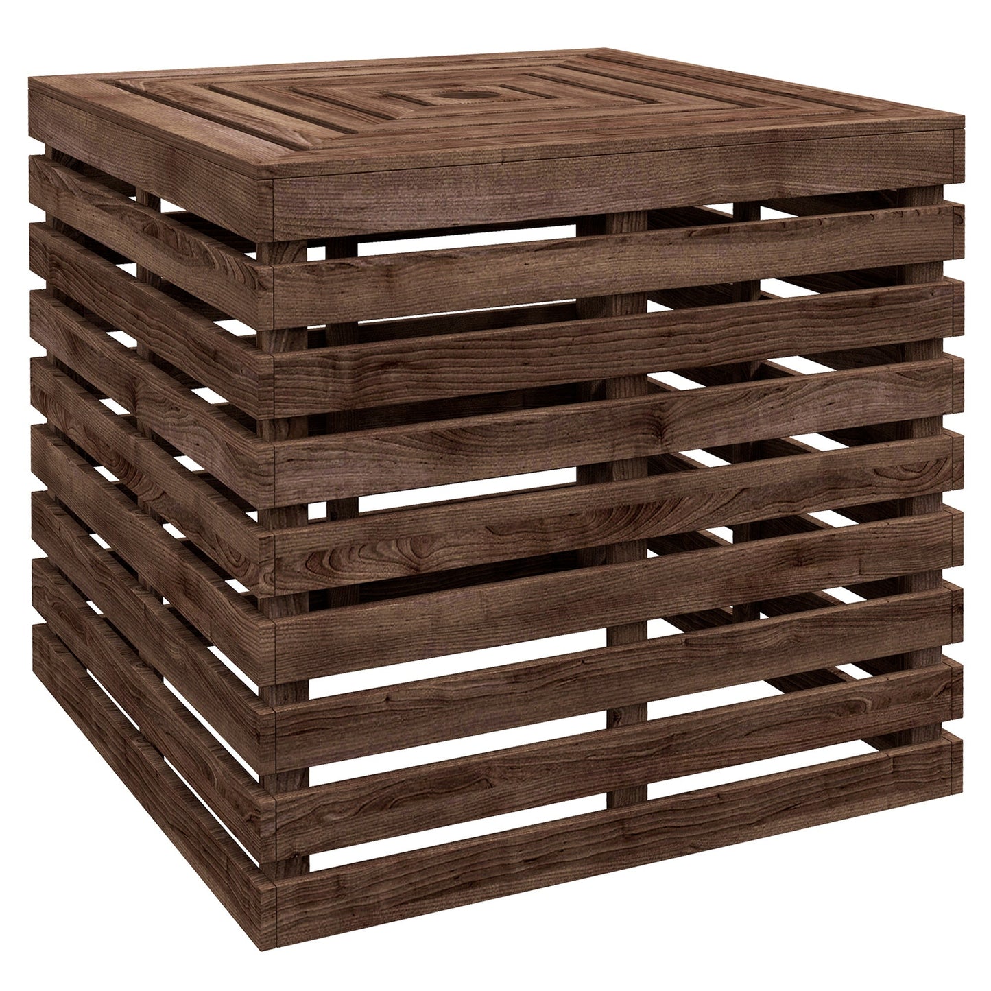 2-in-1 Outdoor Storage Box for Umbrella Base, Patio Side Table, Wooden Patio Umbrella Stand Table with Umbrella Hole, Brown