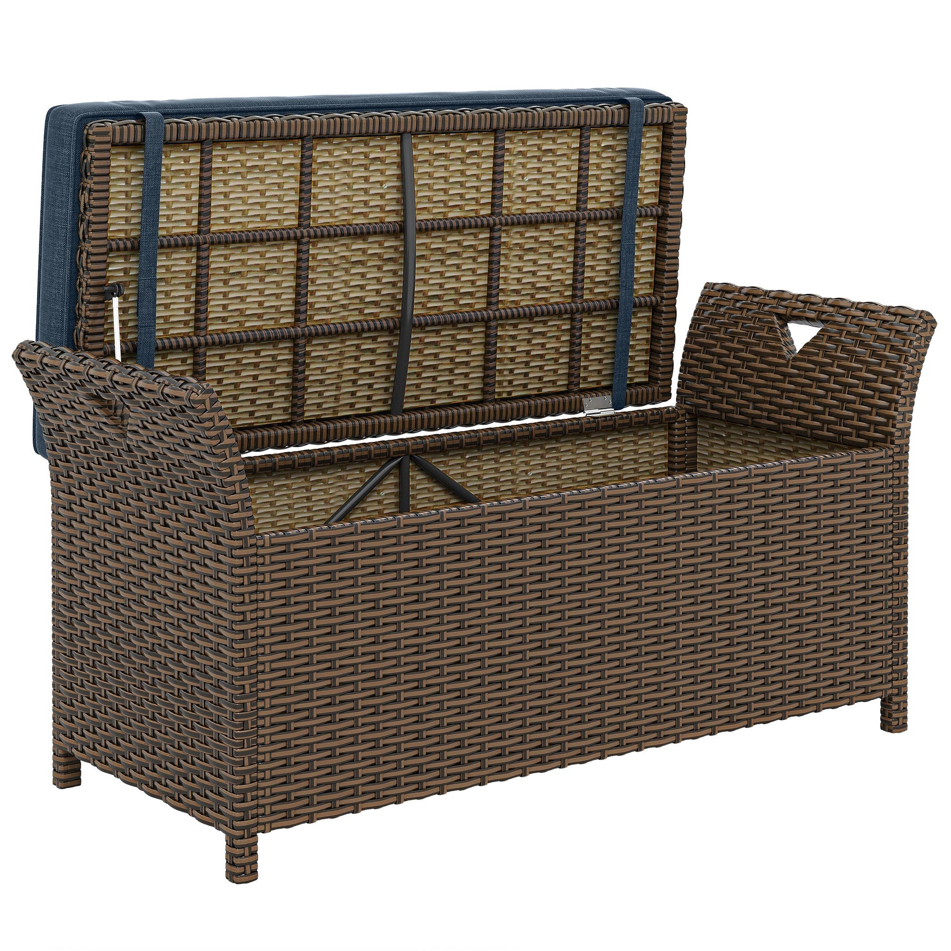 2-In-1 Patio Wicker Storage Bench, 29 Gallon Outdoor PE Rattan Patio Furniture, Large Capacity Rectangle Basket Box with Handles and Cushion, Navy Blue
