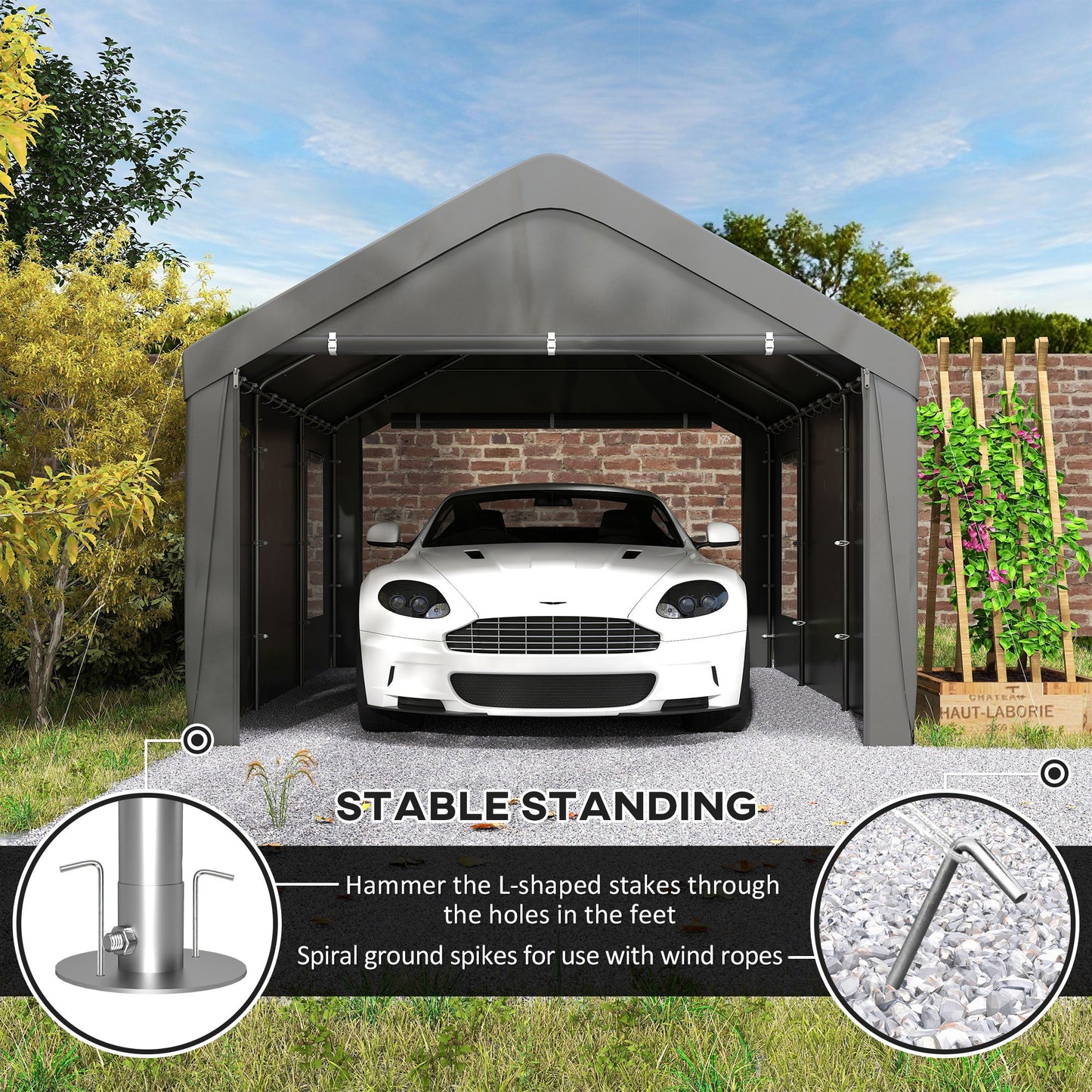 Carport, 12 x 20ft Portable Garage with 2 Roll-Up Doors and 4 Windows, Heavy Duty Outdoor Car Shelter with Removable Sidewalls for Car, Truck, Garden Tools, Dark Grey