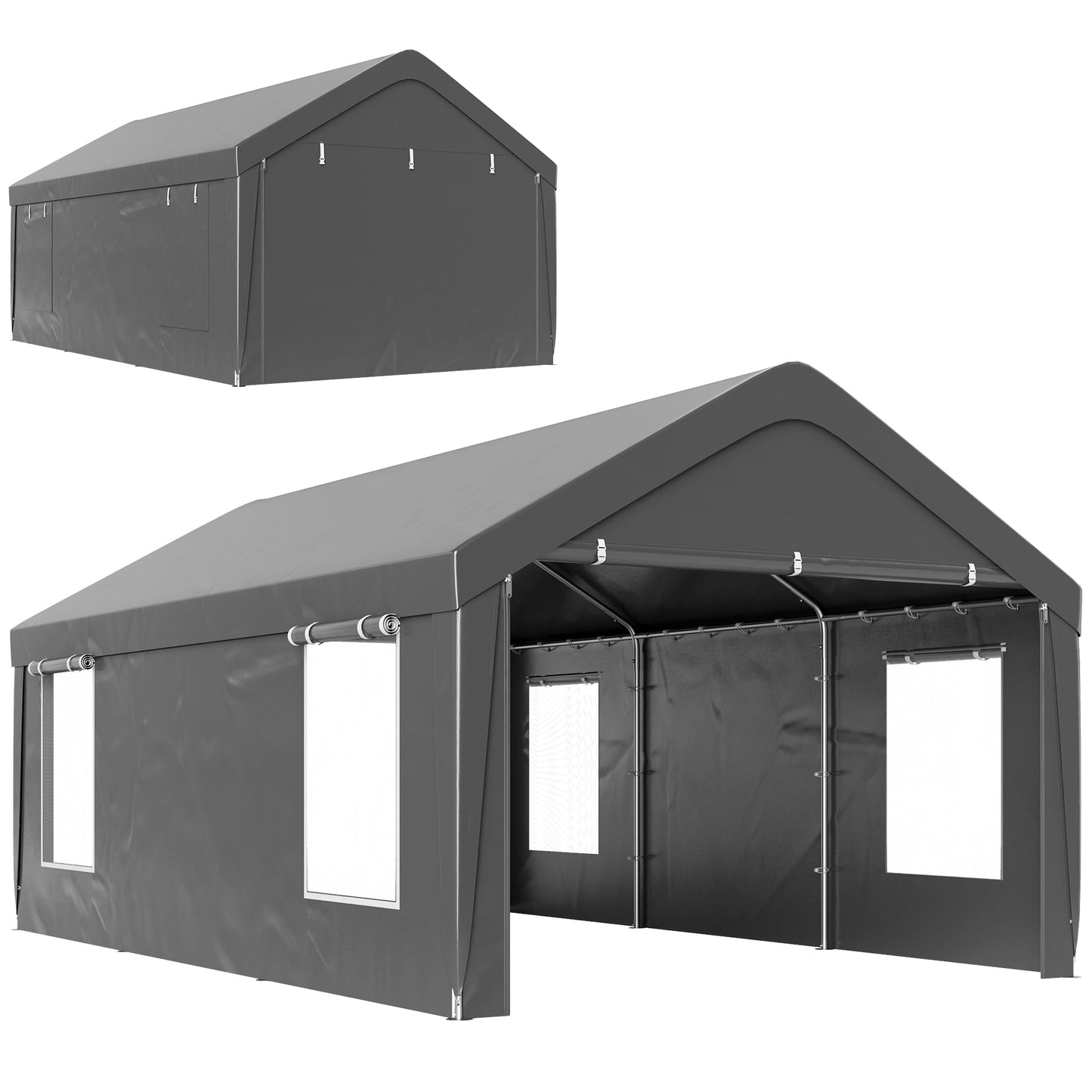 Carport, 12 x 20ft Portable Garage with 2 Roll-Up Doors and 4 Windows, Heavy Duty Outdoor Car Shelter with Removable Sidewalls for Car, Truck, Garden Tools, Dark Grey