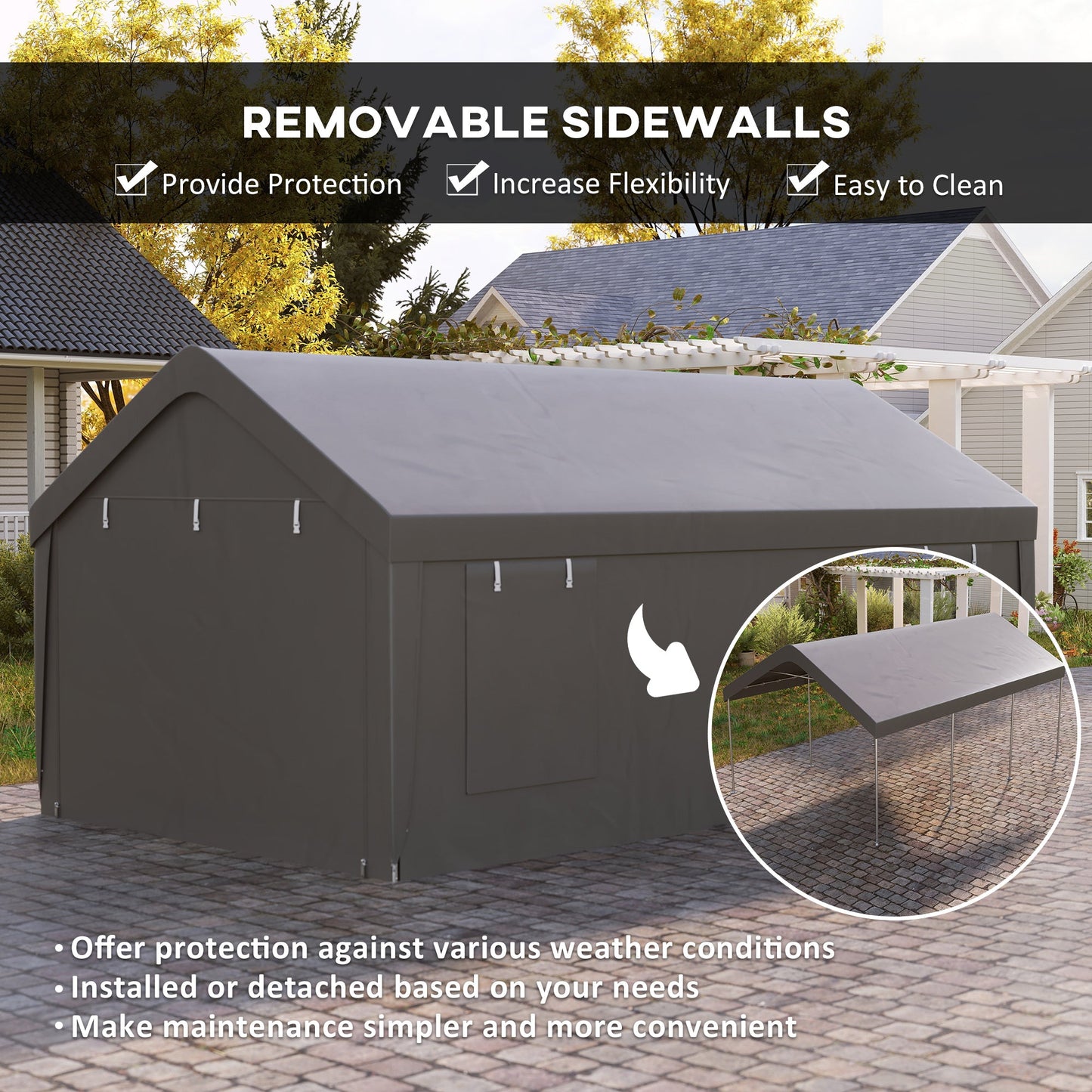 Carport, 12 x 20ft Portable Garage with 2 Roll-Up Doors and 4 Windows, Heavy Duty Outdoor Car Shelter with Removable Sidewalls for Car, Truck, Garden Tools, Dark Grey
