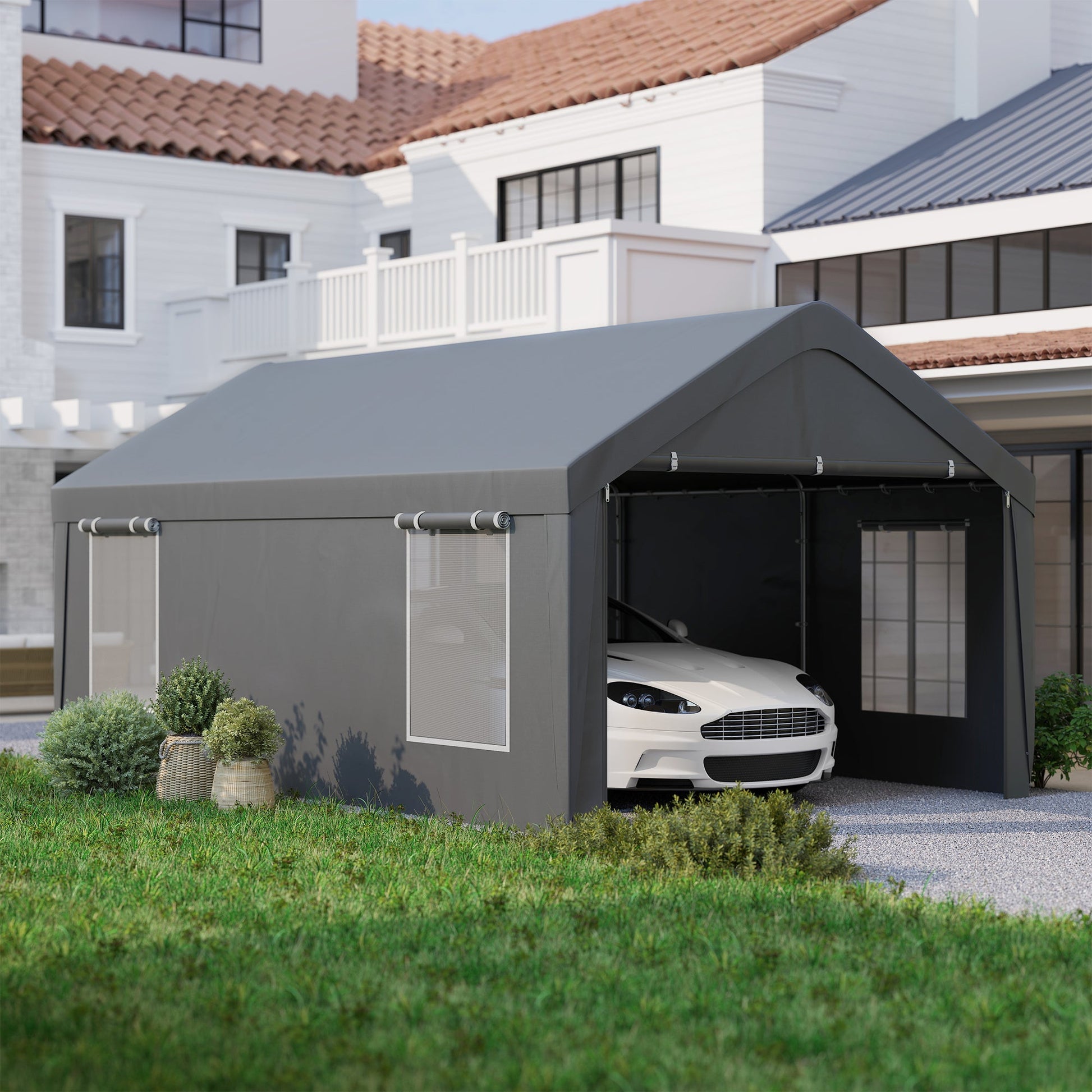 Carport, 12 x 20ft Portable Garage with 2 Roll-Up Doors and 4 Windows, Heavy Duty Outdoor Car Shelter with Removable Sidewalls for Car, Truck, Garden Tools, Dark Grey