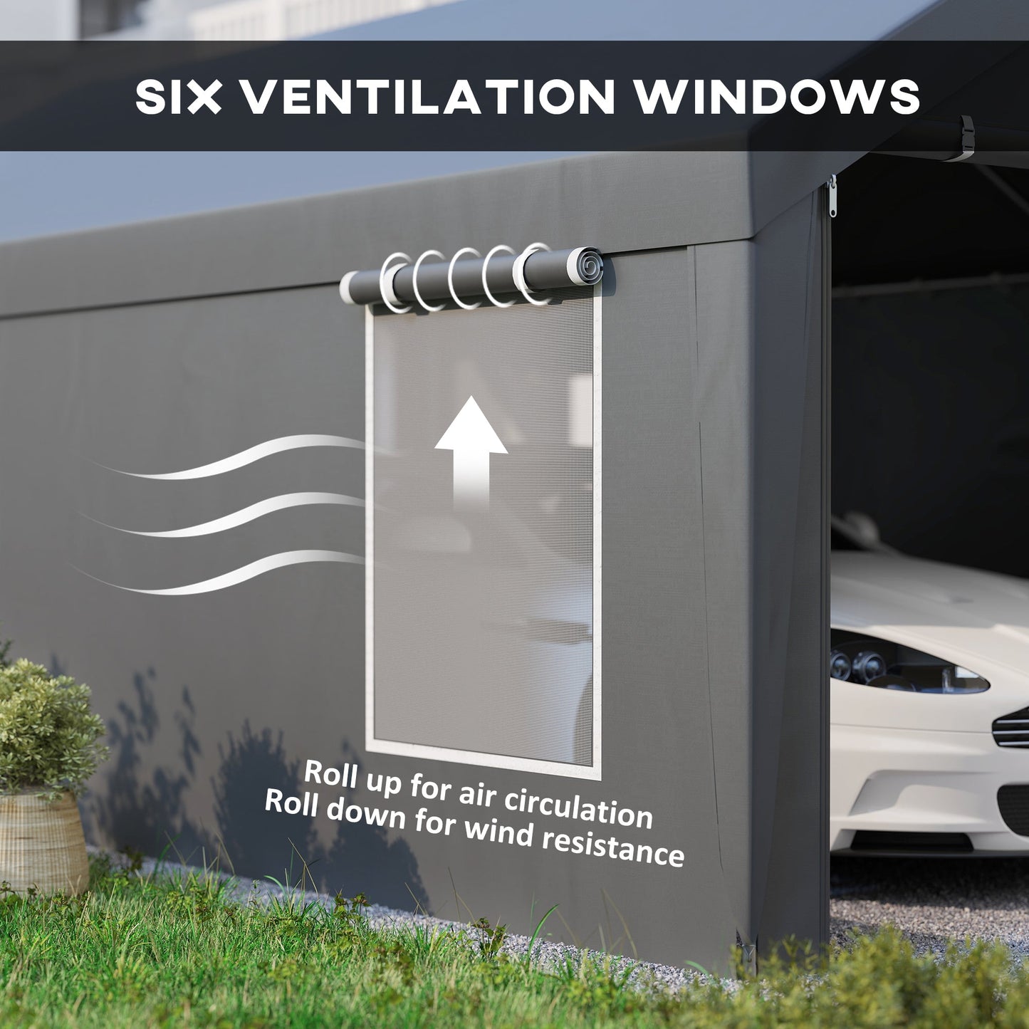 Carport, 12 x 20ft Portable Garage with 2 Roll-Up Doors and 4 Windows, Heavy Duty Outdoor Car Shelter with Removable Sidewalls for Car, Truck, Garden Tools, Dark Grey