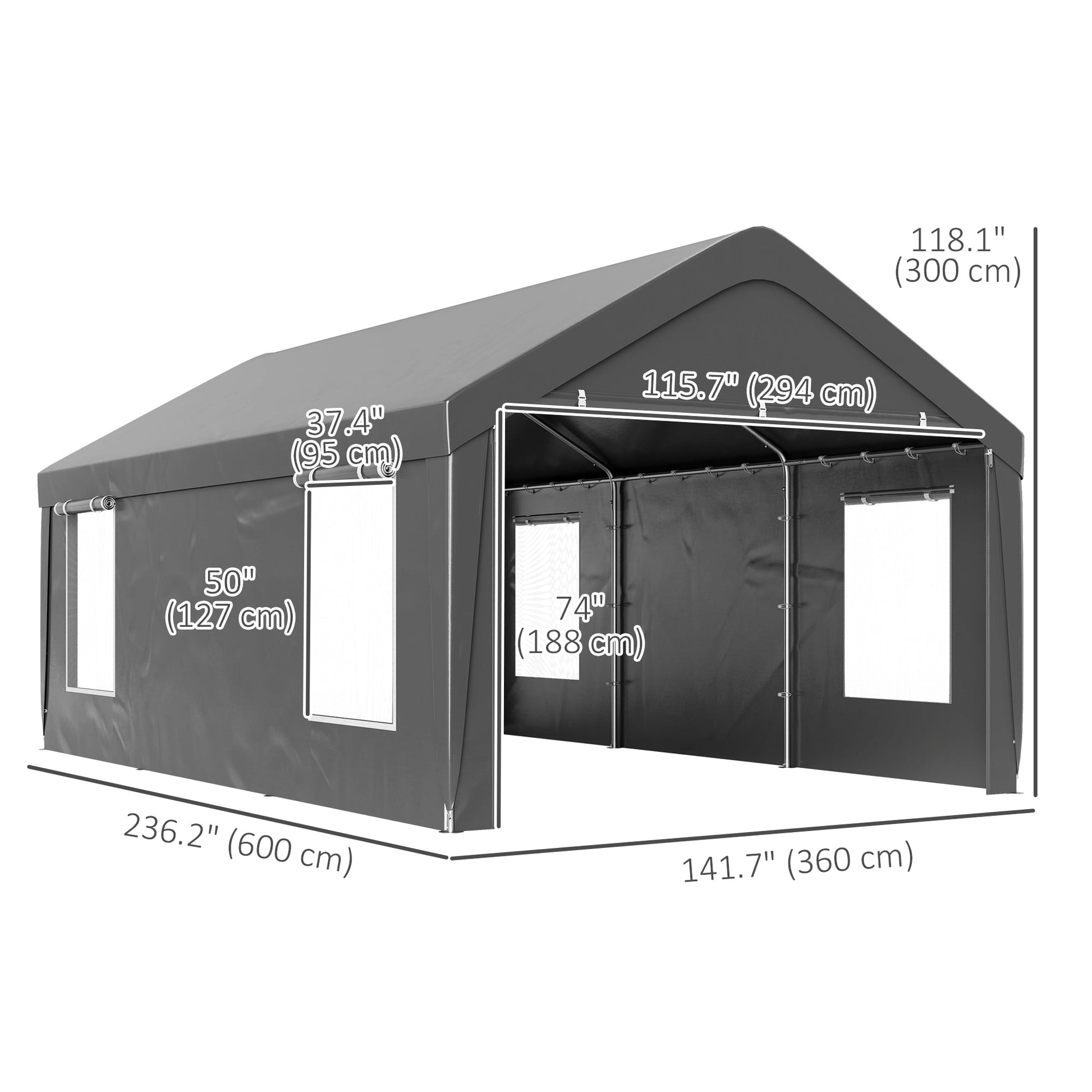 Carport, 12 x 20ft Portable Garage with 2 Roll-Up Doors and 4 Windows, Heavy Duty Outdoor Car Shelter with Removable Sidewalls for Car, Truck, Garden Tools, Dark Grey