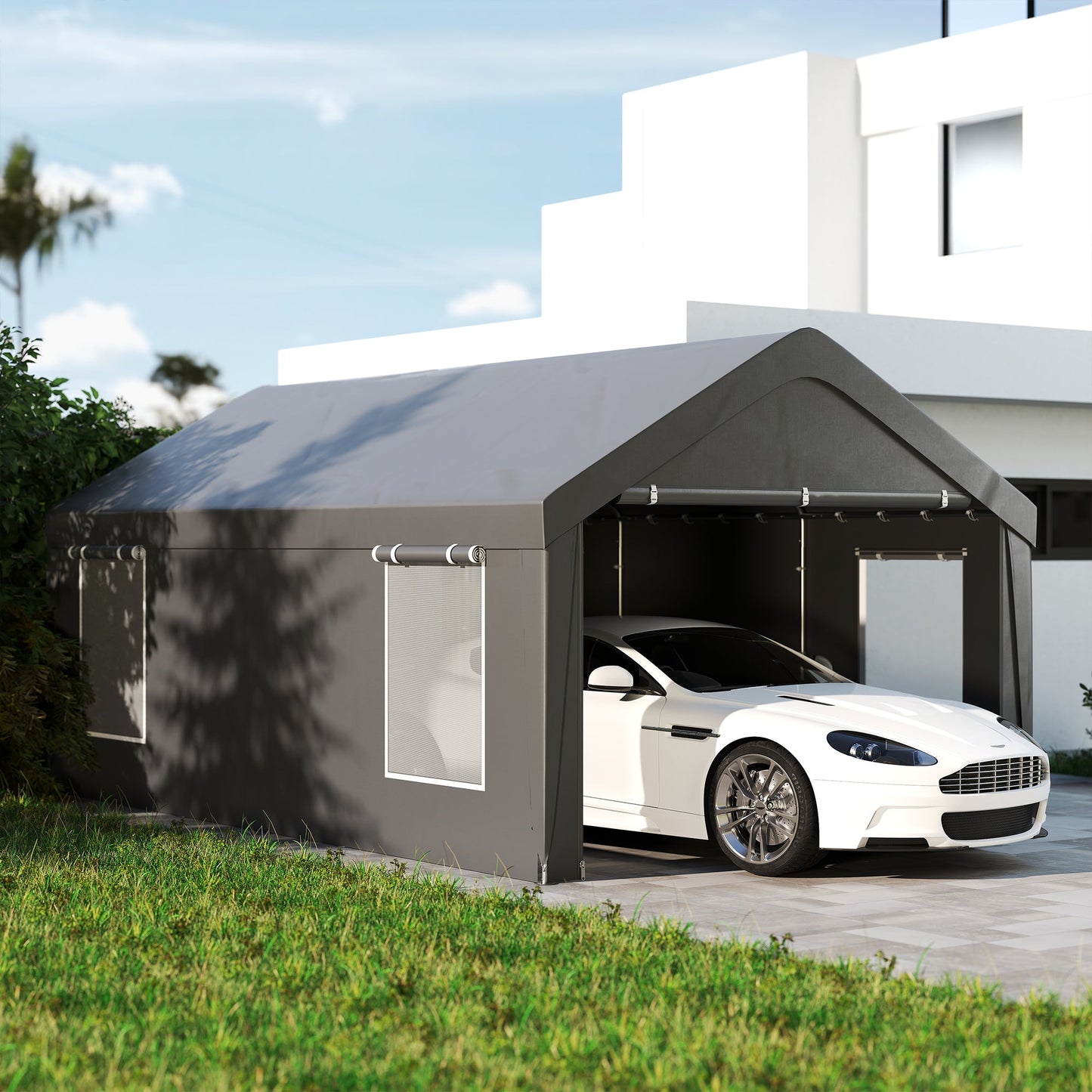Carport, 12 x 20ft Portable Garage with 2 Roll-Up Doors and 4 Windows, Heavy Duty Outdoor Car Shelter with Removable Sidewalls for Car, Truck, Garden Tools, Dark Grey