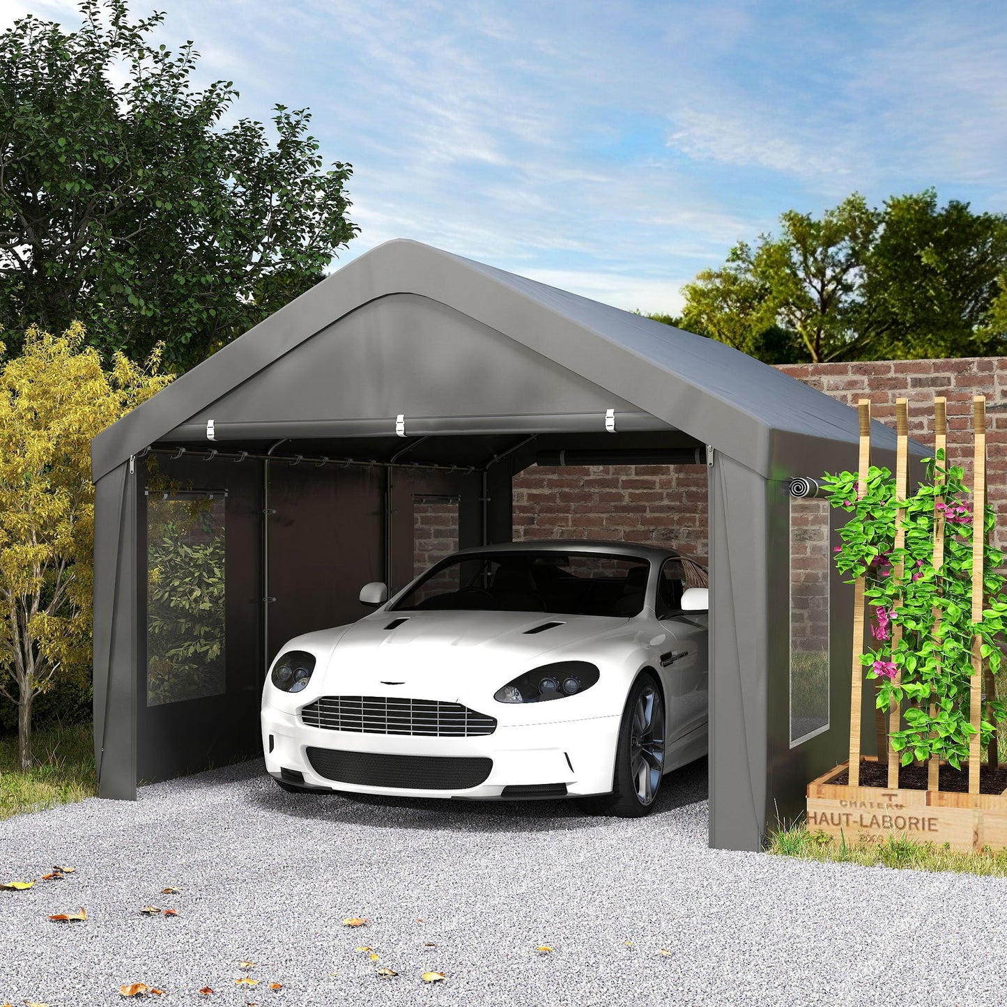 Carport, 12 x 20ft Portable Garage with 2 Roll-Up Doors and 4 Windows, Heavy Duty Outdoor Car Shelter with Removable Sidewalls for Car, Truck, Garden Tools, Dark Grey