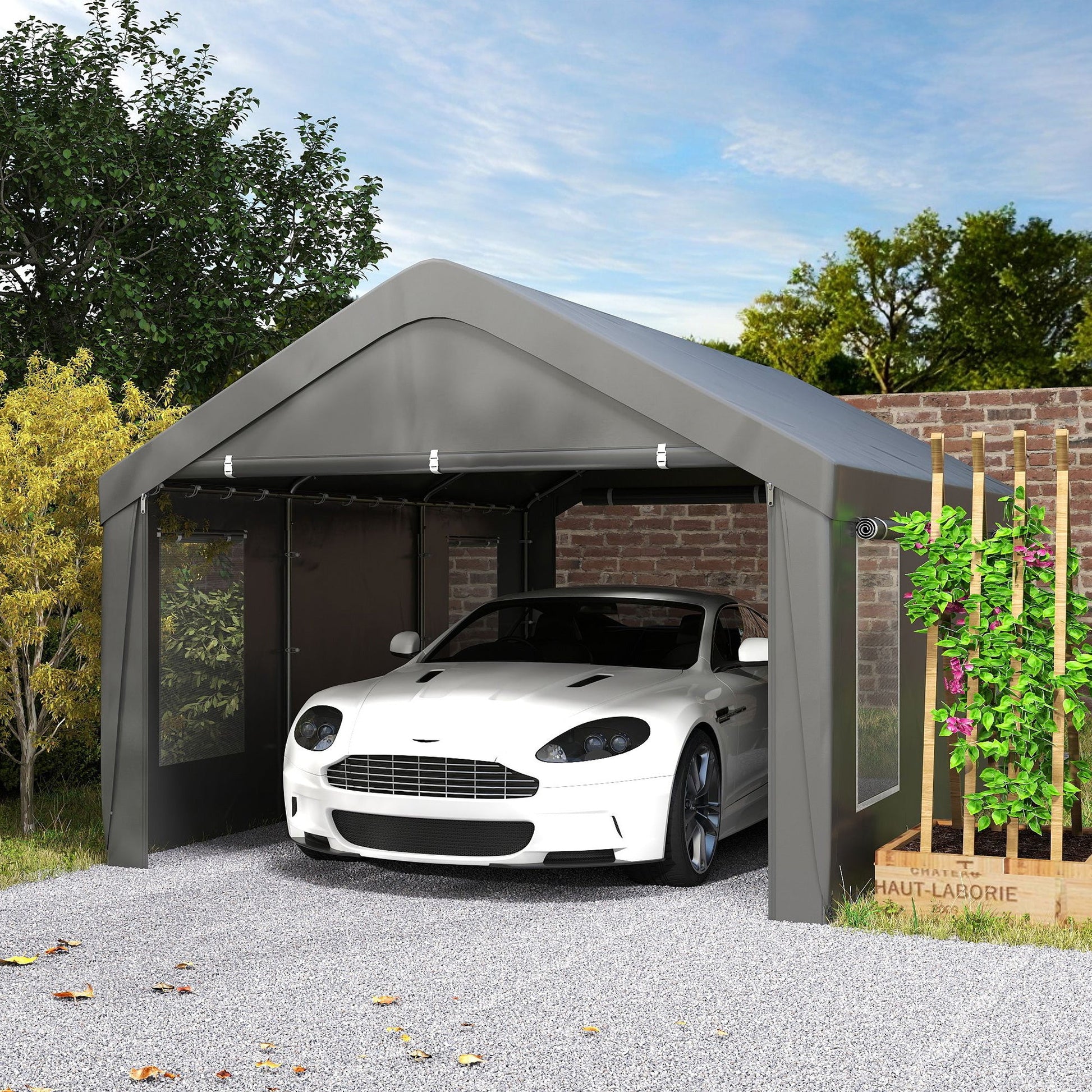 Carport, 12 x 20ft Portable Garage with 2 Roll-Up Doors and 4 Windows, Heavy Duty Outdoor Car Shelter with Removable Sidewalls for Car, Truck, Garden Tools, Dark Grey