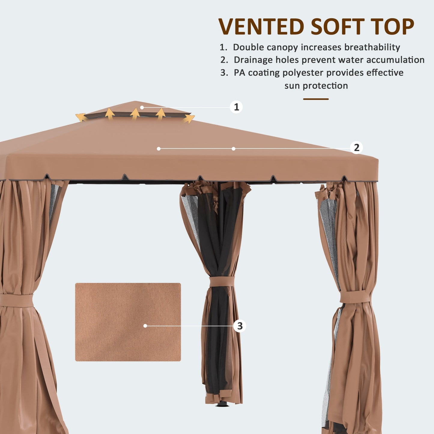 10' x 10' Outdoor Patio Gazebo Double Soft-top Garden Shelter Tent with Beautiful Polyester Curtains, & Mesh Screen Drapes, Brown