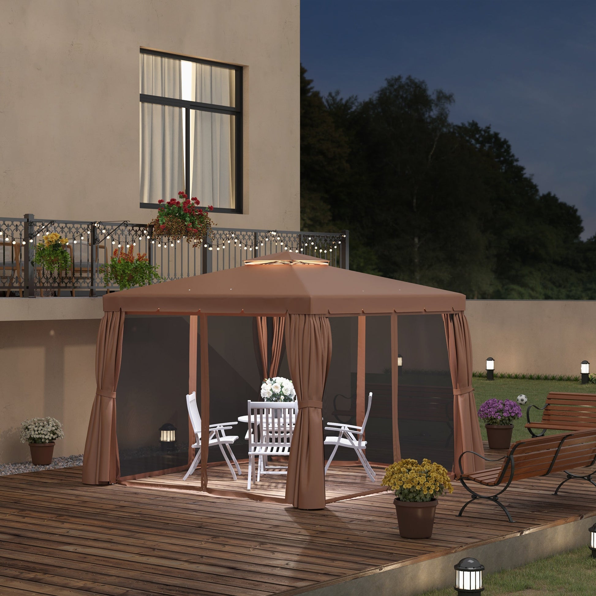 10' x 10' Outdoor Patio Gazebo Double Soft-top Garden Shelter Tent with Beautiful Polyester Curtains, & Mesh Screen Drapes, Brown