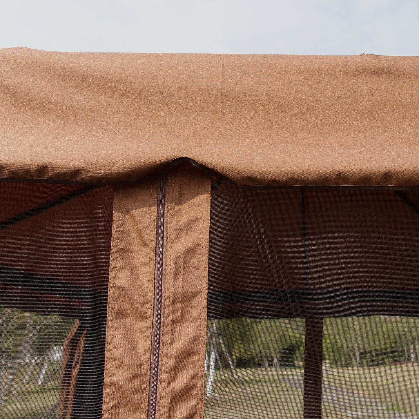 10' x 10' Outdoor Patio Gazebo Double Soft-top Garden Shelter Tent with Beautiful Polyester Curtains, & Mesh Screen Drapes, Brown