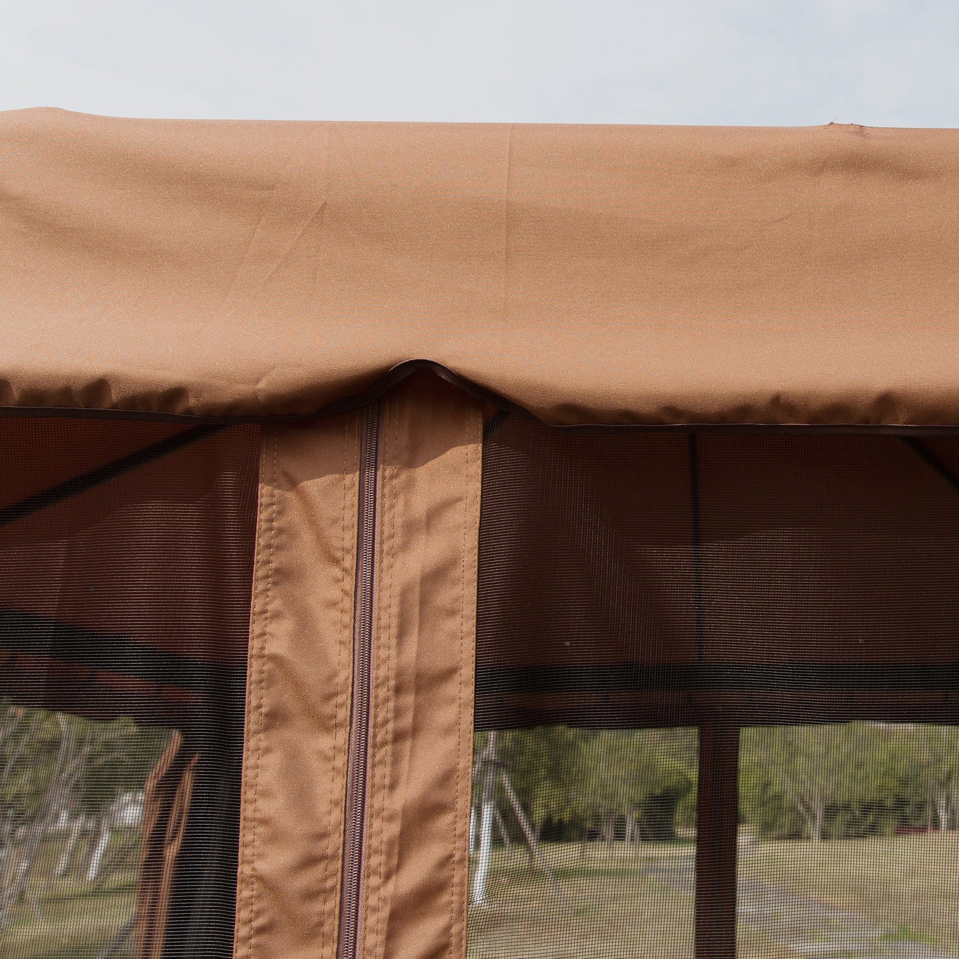 10' x 10' Outdoor Patio Gazebo Double Soft-top Garden Shelter Tent with Beautiful Polyester Curtains, & Mesh Screen Drapes, Brown