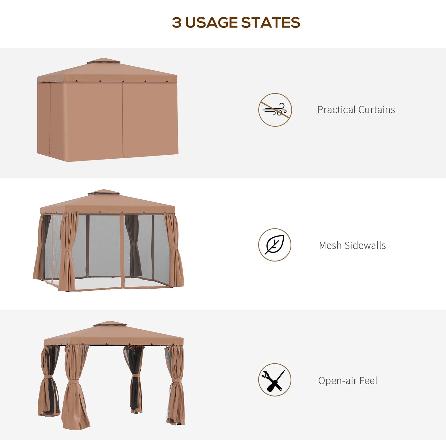 10' x 10' Outdoor Patio Gazebo Double Soft-top Garden Shelter Tent with Beautiful Polyester Curtains, & Mesh Screen Drapes, Brown