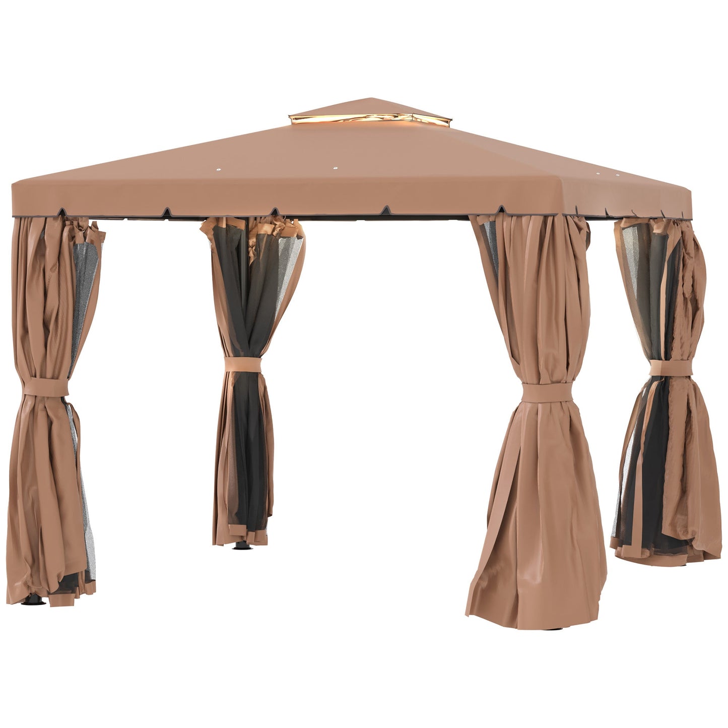 10' x 10' Outdoor Patio Gazebo Double Soft-top Garden Shelter Tent with Beautiful Polyester Curtains, & Mesh Screen Drapes, Brown