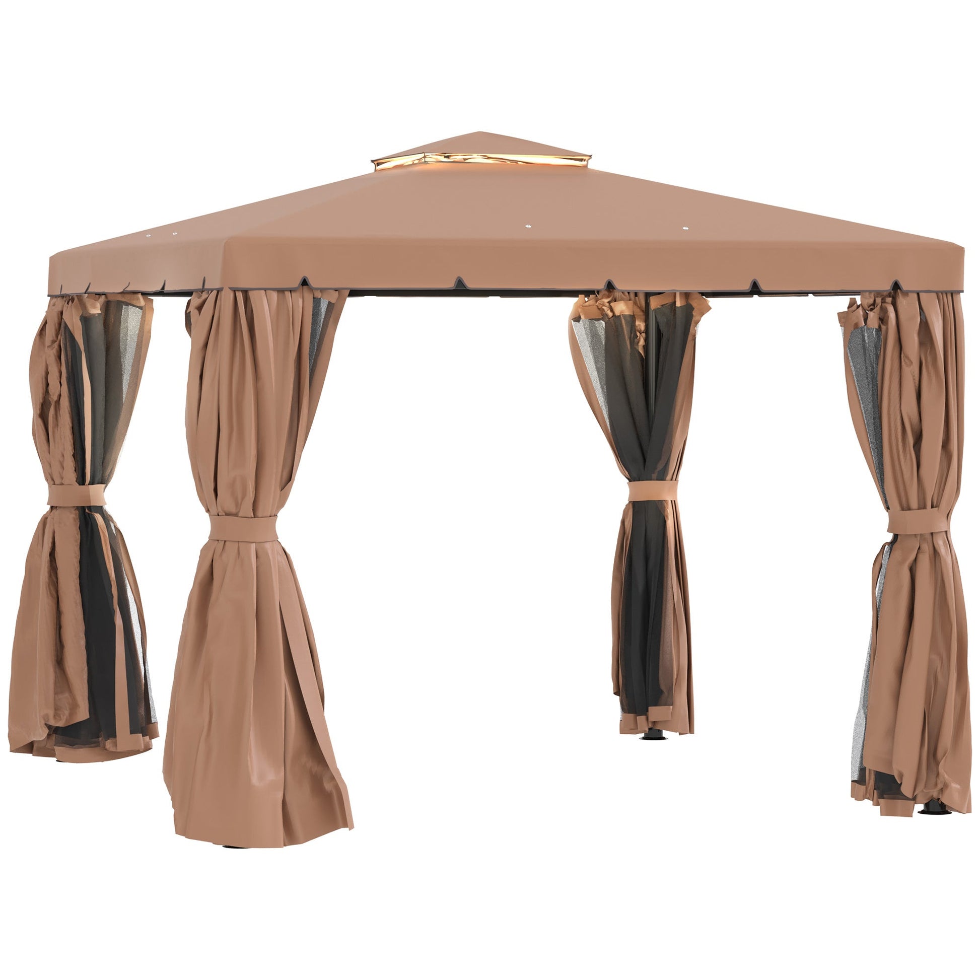 10' x 10' Outdoor Patio Gazebo Double Soft-top Garden Shelter Tent with Beautiful Polyester Curtains, & Mesh Screen Drapes, Brown