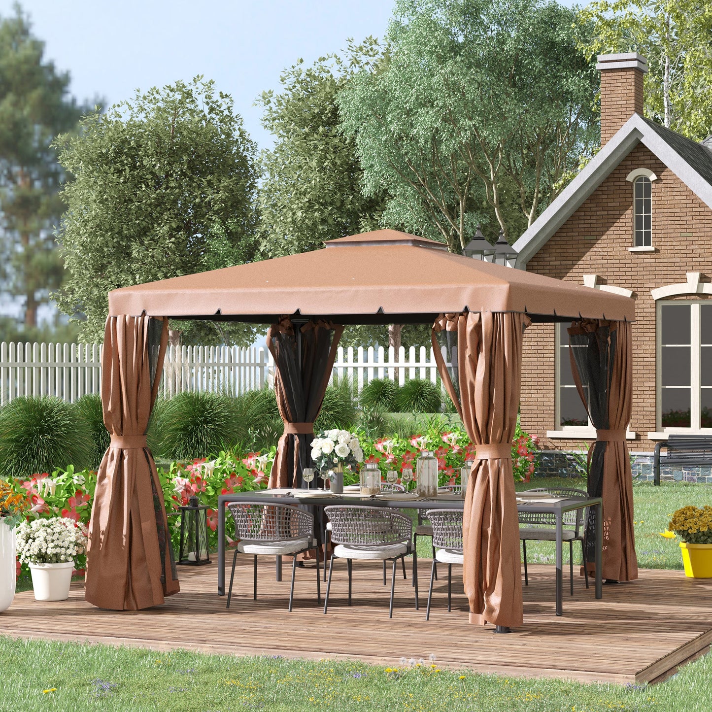 10' x 10' Outdoor Patio Gazebo Double Soft-top Garden Shelter Tent with Beautiful Polyester Curtains, & Mesh Screen Drapes, Brown