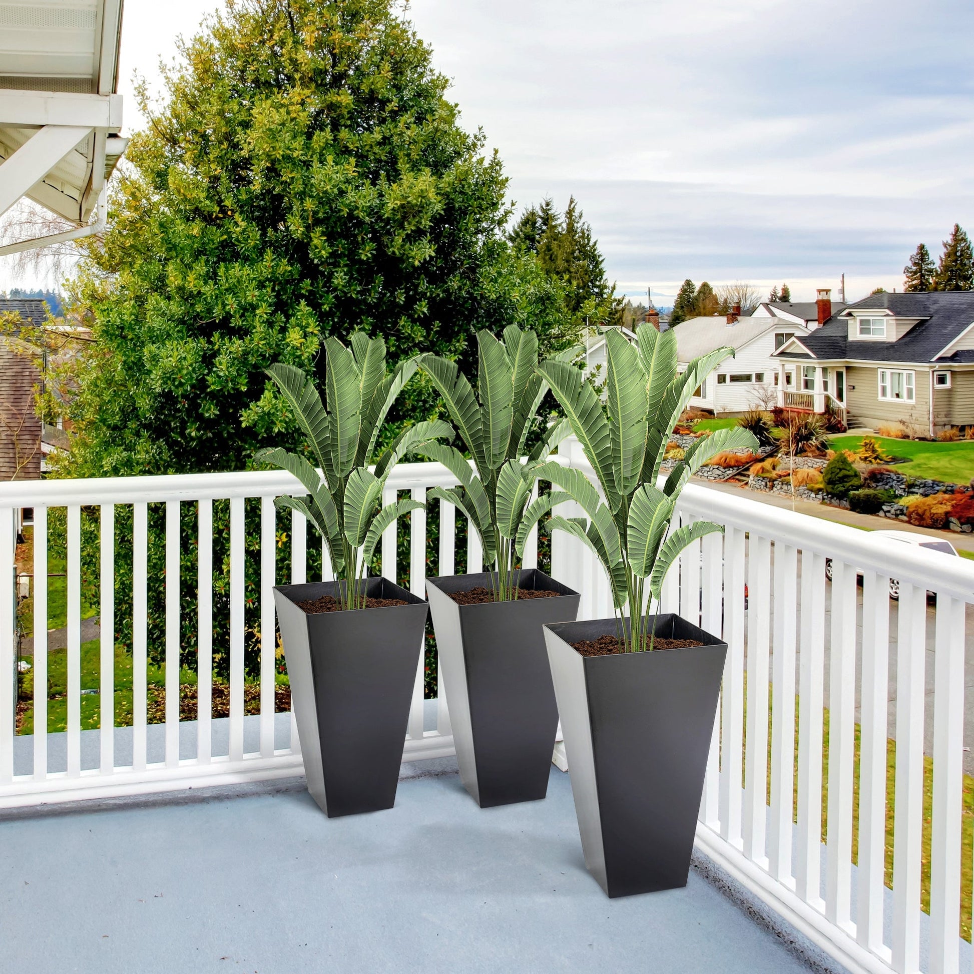 28" Tall Planters for Outdoor Plants with Drainage Hole, Set of 3 Taper Indoor Outdoor Planters, Large Plastic Garden Flower Pots for Porch, Patio, Yard, Black