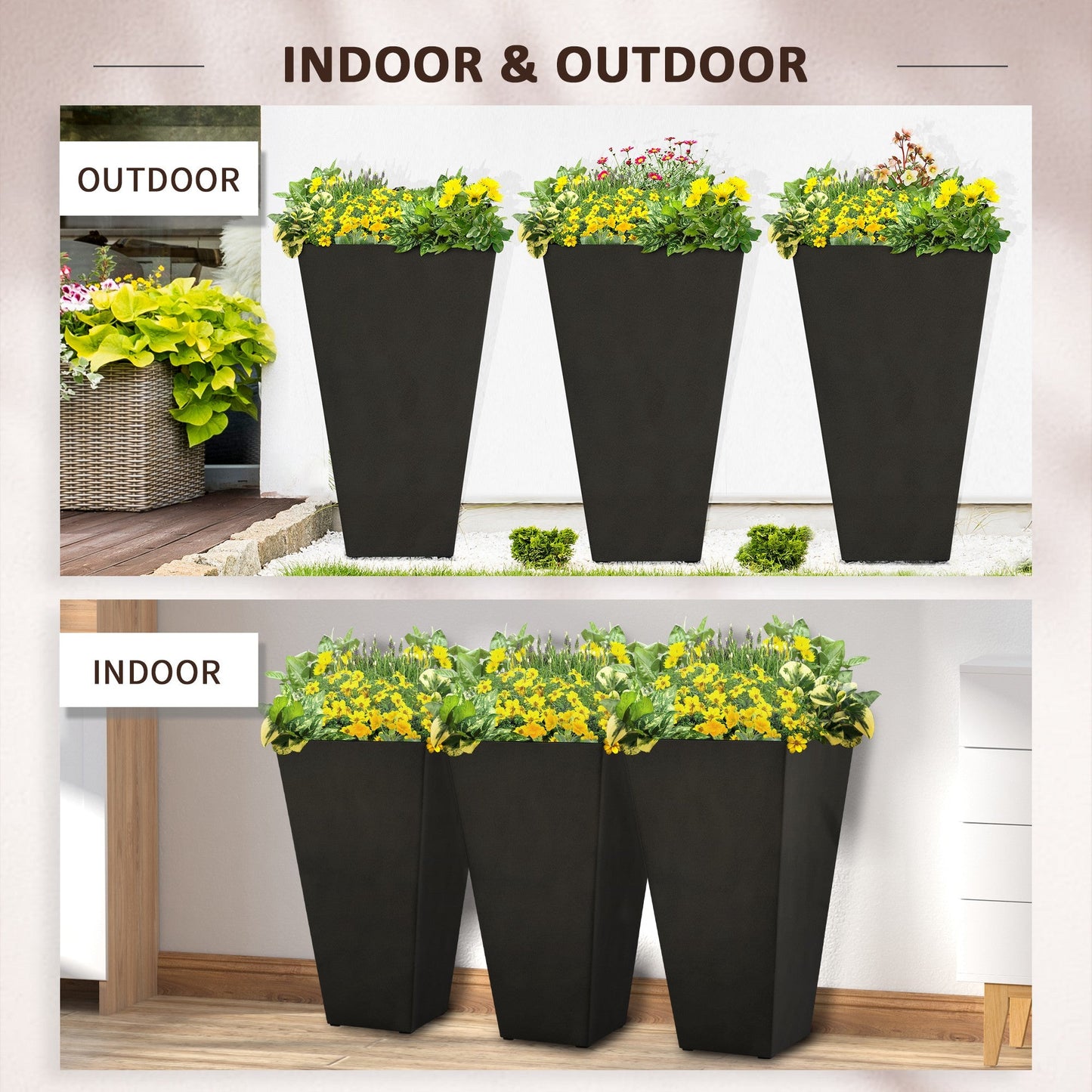28" Tall Planters for Outdoor Plants with Drainage Hole, Set of 3 Taper Indoor Outdoor Planters, Large Plastic Garden Flower Pots for Porch, Patio, Yard, Black