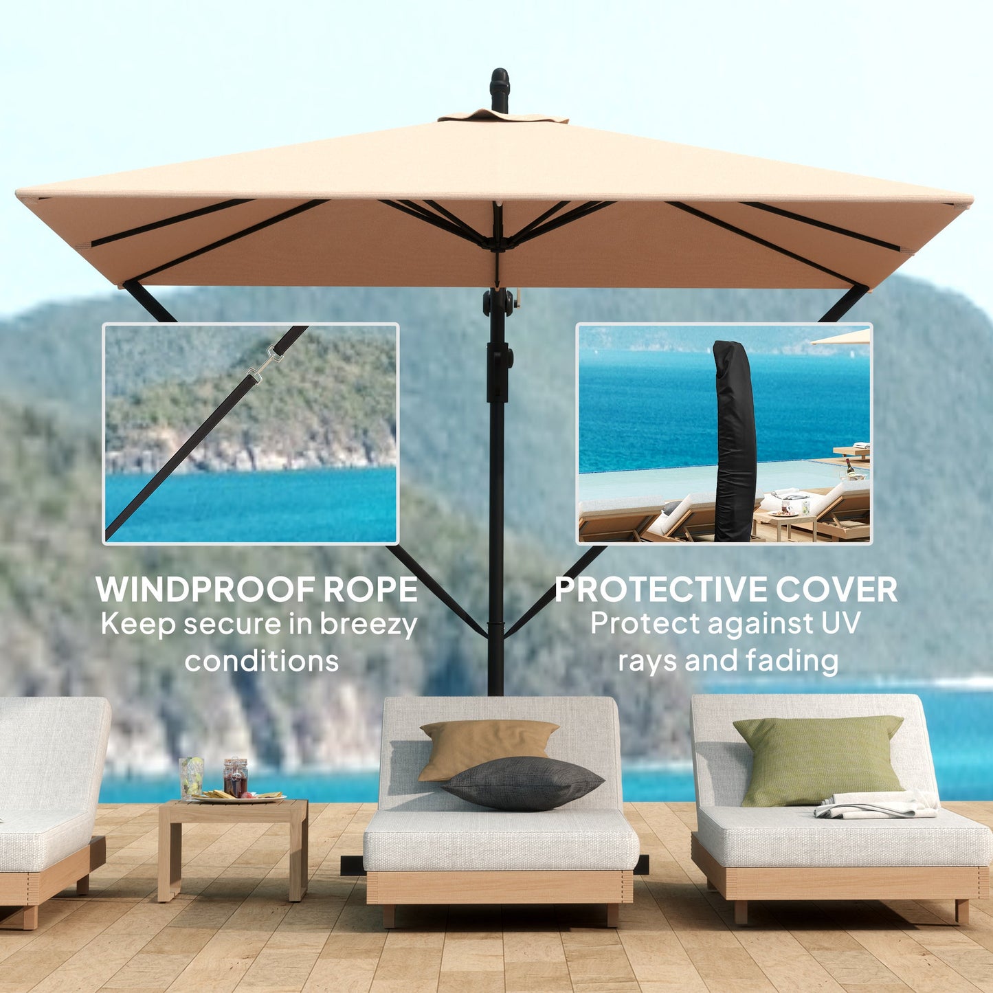 Patio Offset Umbrella UPF 50+ UV Protection, Water-Resistant, Crank Parasol with Base, Cover & Wind Securing, Tiltable Garden Umbrella for Balcony & Patio, Khaki