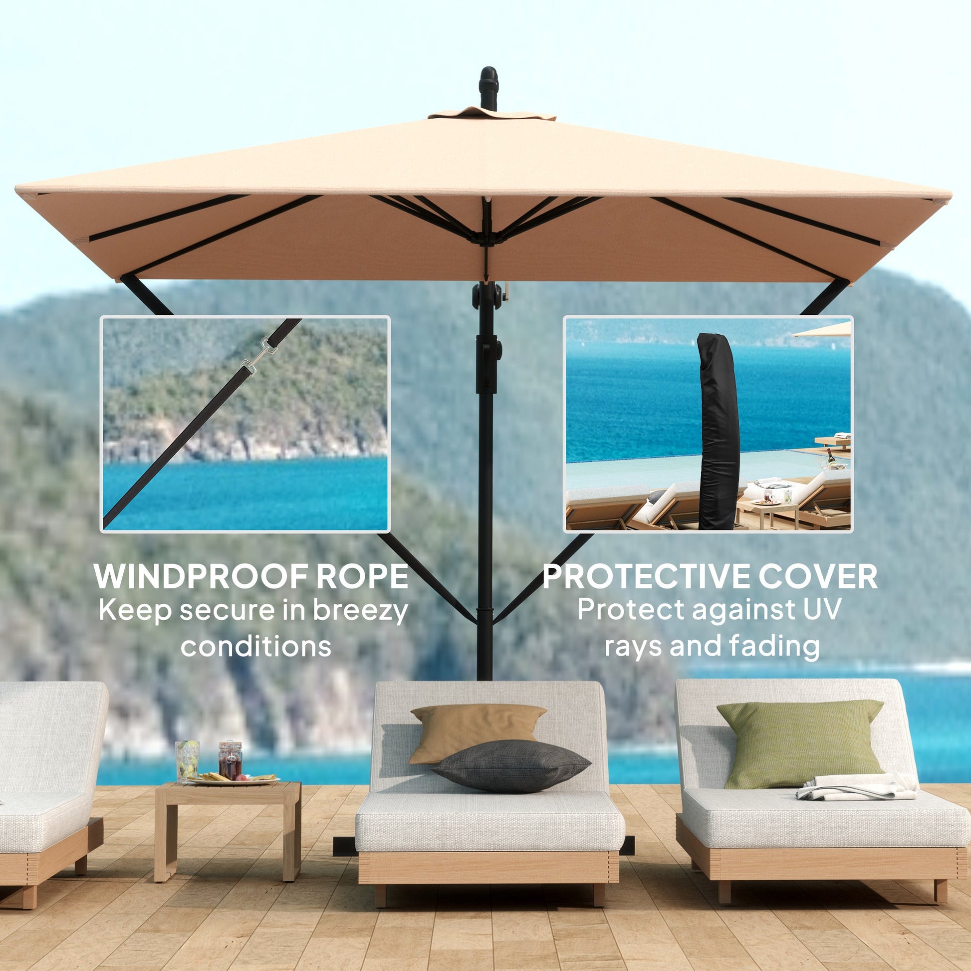Patio Offset Umbrella UPF 50+ UV Protection, Water-Resistant, Crank Parasol with Base, Cover & Wind Securing, Tiltable Garden Umbrella for Balcony & Patio, Khaki